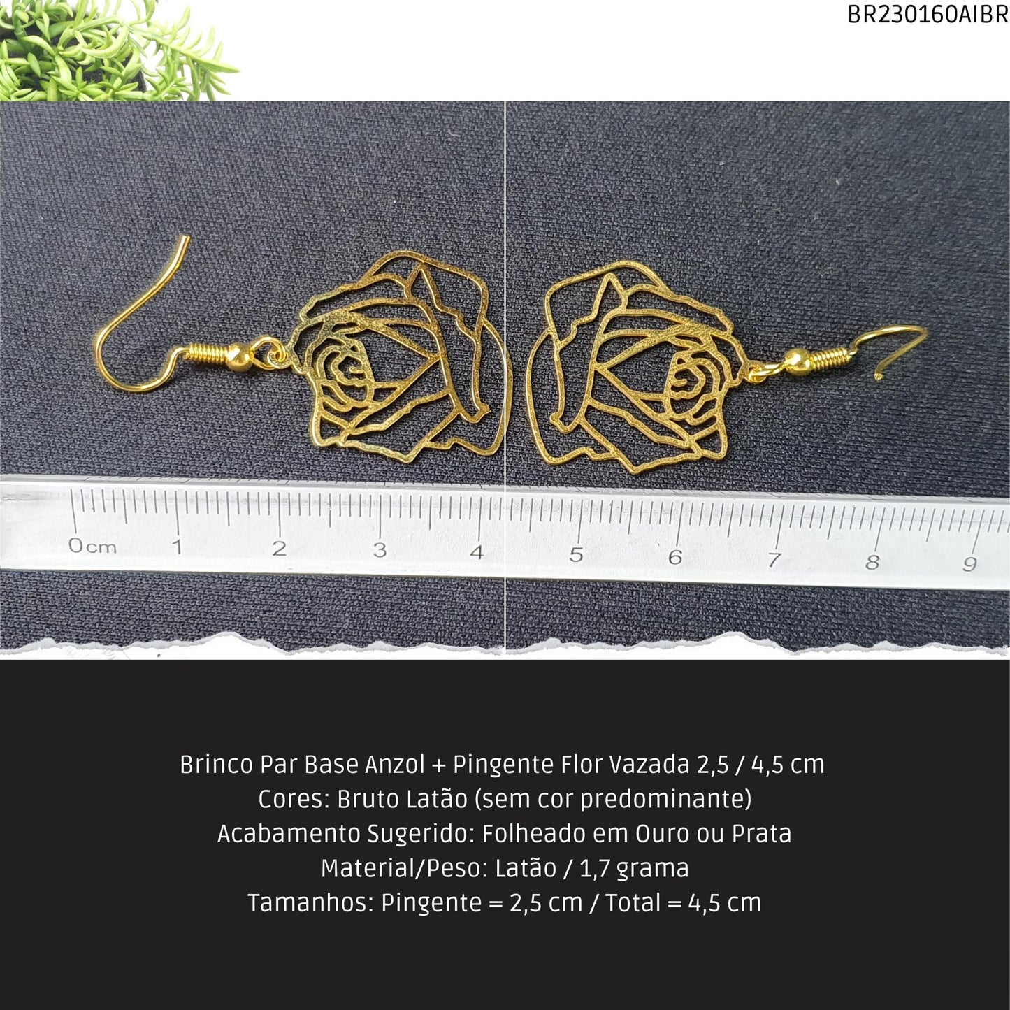 Brinco Par Base Anzol + Pingente Flor Vazada 2.5 / 4.5 cm   - Código.: BR230160AIBR  - Peso.: 1.7 gr
