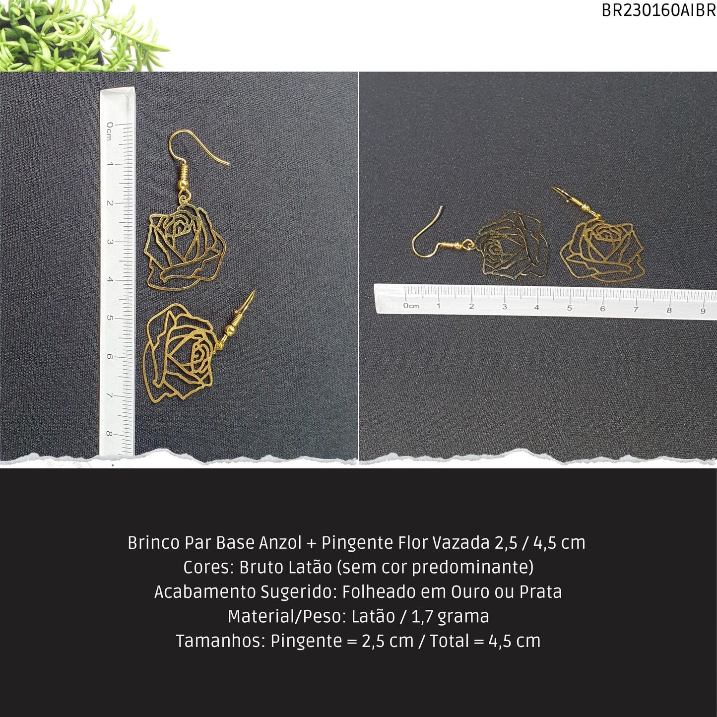 Brinco Par Base Anzol + Pingente Flor Vazada 2.5 / 4.5 cm   - Código.: BR230160AIBR  - Peso.: 1.7 gr