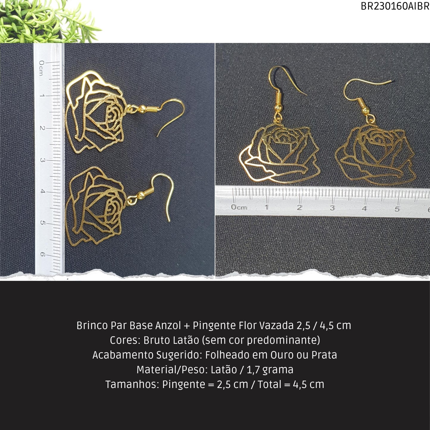 Brinco Par Base Anzol + Pingente Flor Vazada 2.5 / 4.5 cm   - Código.: BR230160AIBR  - Peso.: 1.7 gr