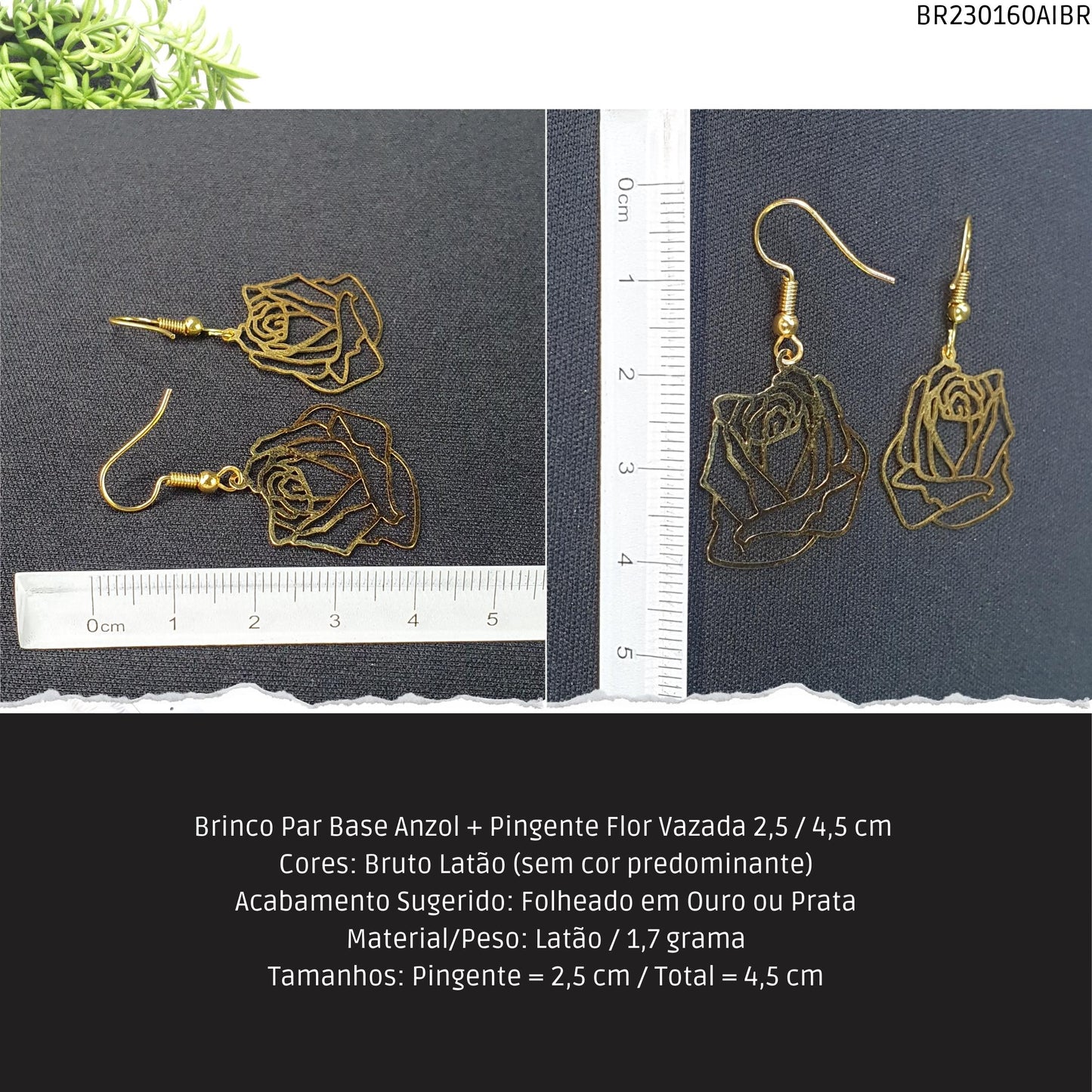 Brinco Par Base Anzol + Pingente Flor Vazada 2.5 / 4.5 cm   - Código.: BR230160AIBR  - Peso.: 1.7 gr