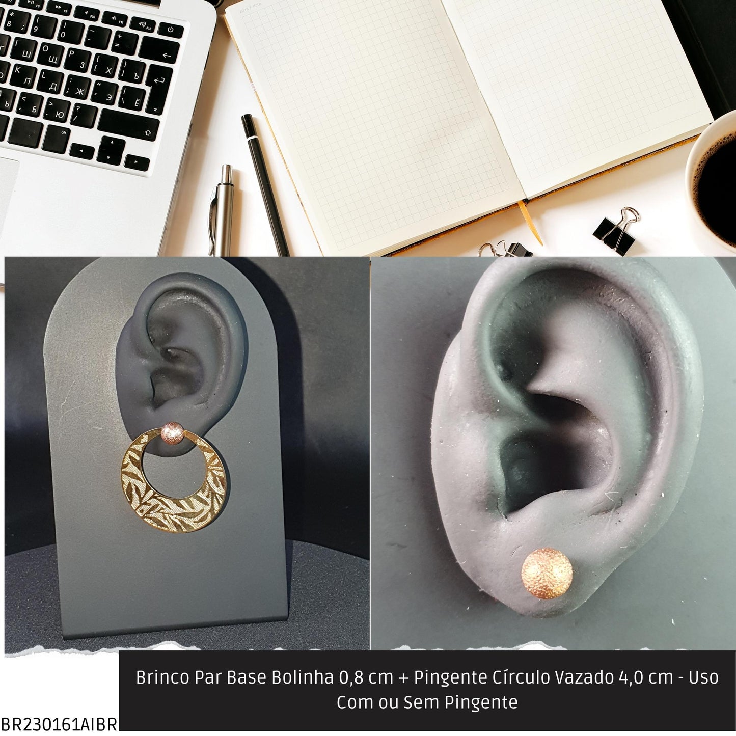 Brinco Par Base Bolinha 0.8 mm + Pingente Círculo Vazado 4.0 cm - Uso Com ou Sem Pingente  - Código.: BR230161AIBR  - Peso.: 5.3 gr