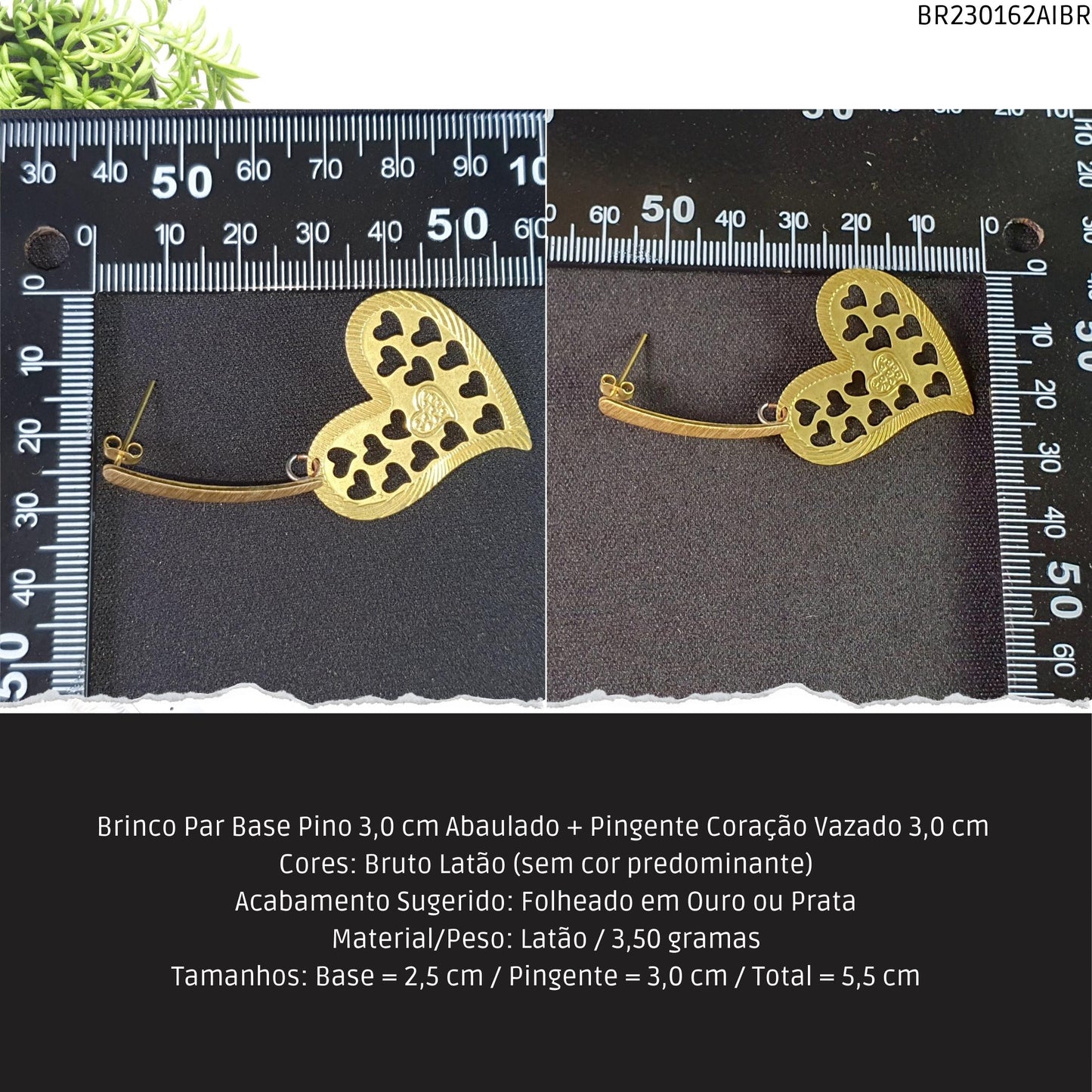 Brinco Par Base Pino 3.0 cm Abaulado + Pingente Coração Vazado 3.0 cm   - Código.: BR230162AIBR  - Peso.: 3.5 gr
