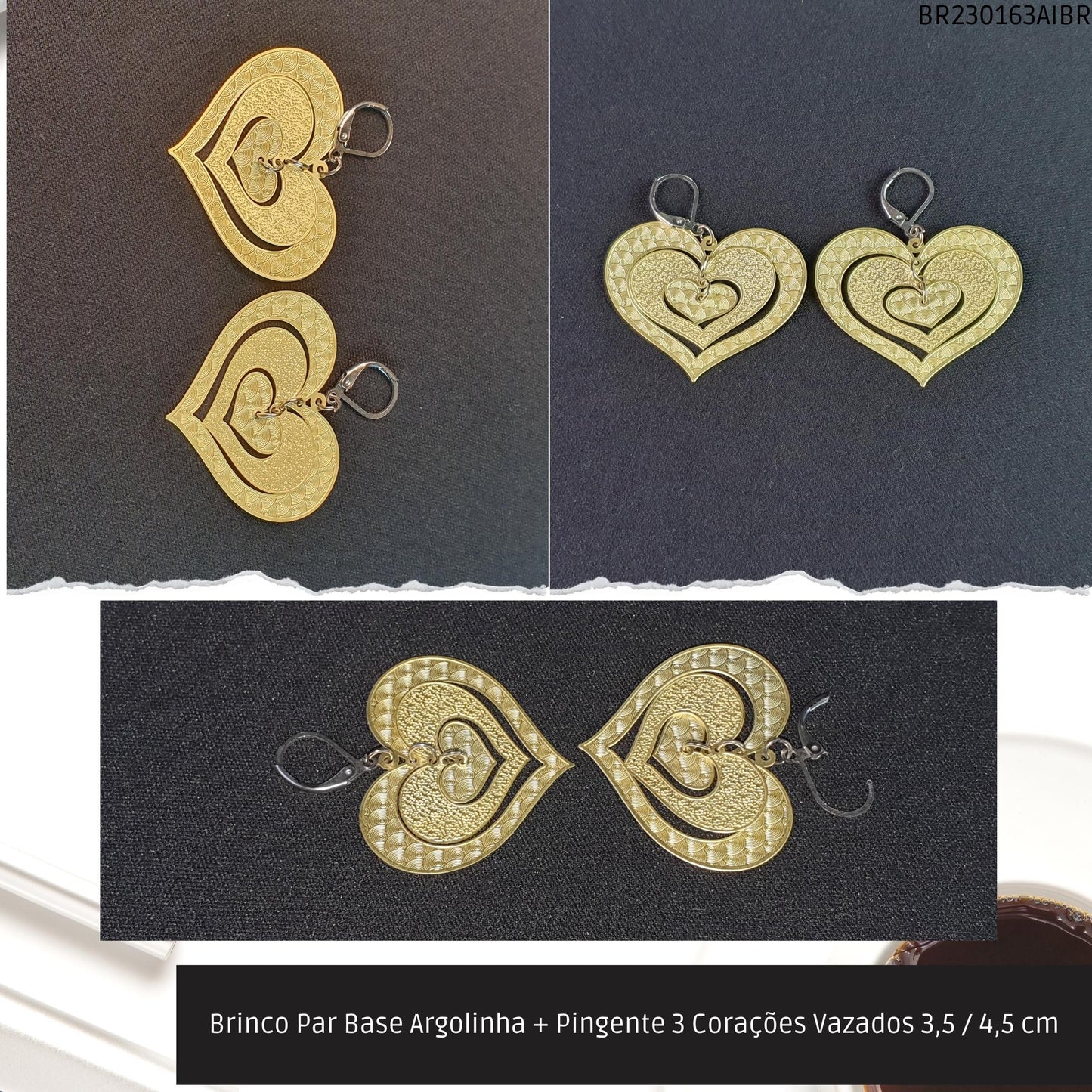 Brinco Par Base Argolinha + Pingente 3 Corações Vazados 3.5 / 4.5 cm  - Código.: BR230163AIBR  - Peso.: 5.1 gr