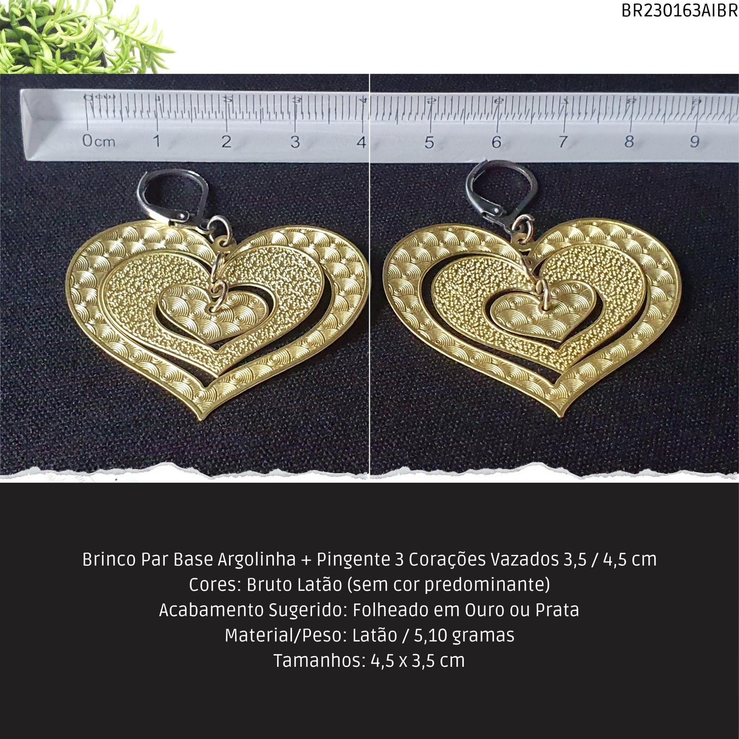 Brinco Par Base Argolinha + Pingente 3 Corações Vazados 3.5 / 4.5 cm  - Código.: BR230163AIBR  - Peso.: 5.1 gr