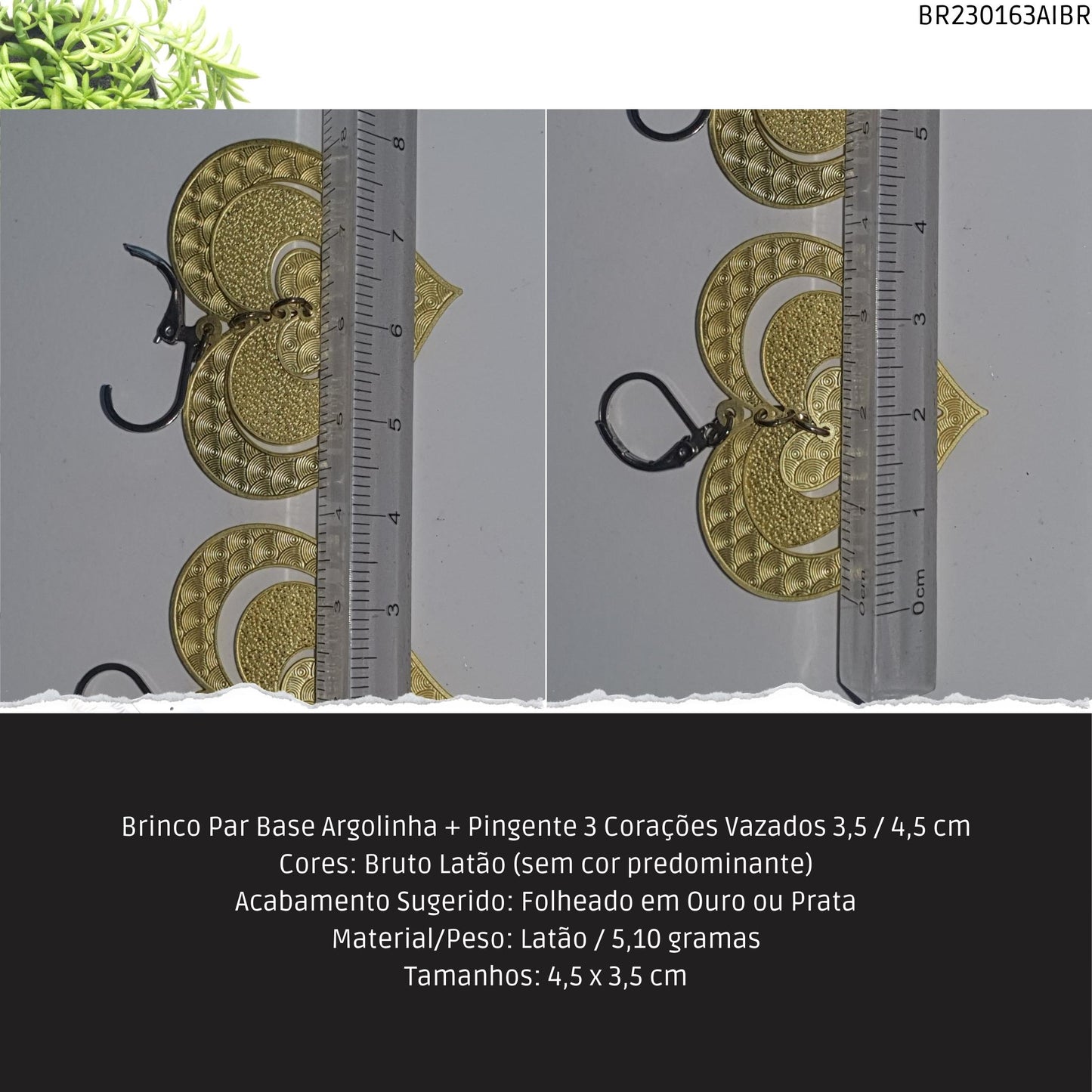 Brinco Par Base Argolinha + Pingente 3 Corações Vazados 3.5 / 4.5 cm  - Código.: BR230163AIBR  - Peso.: 5.1 gr
