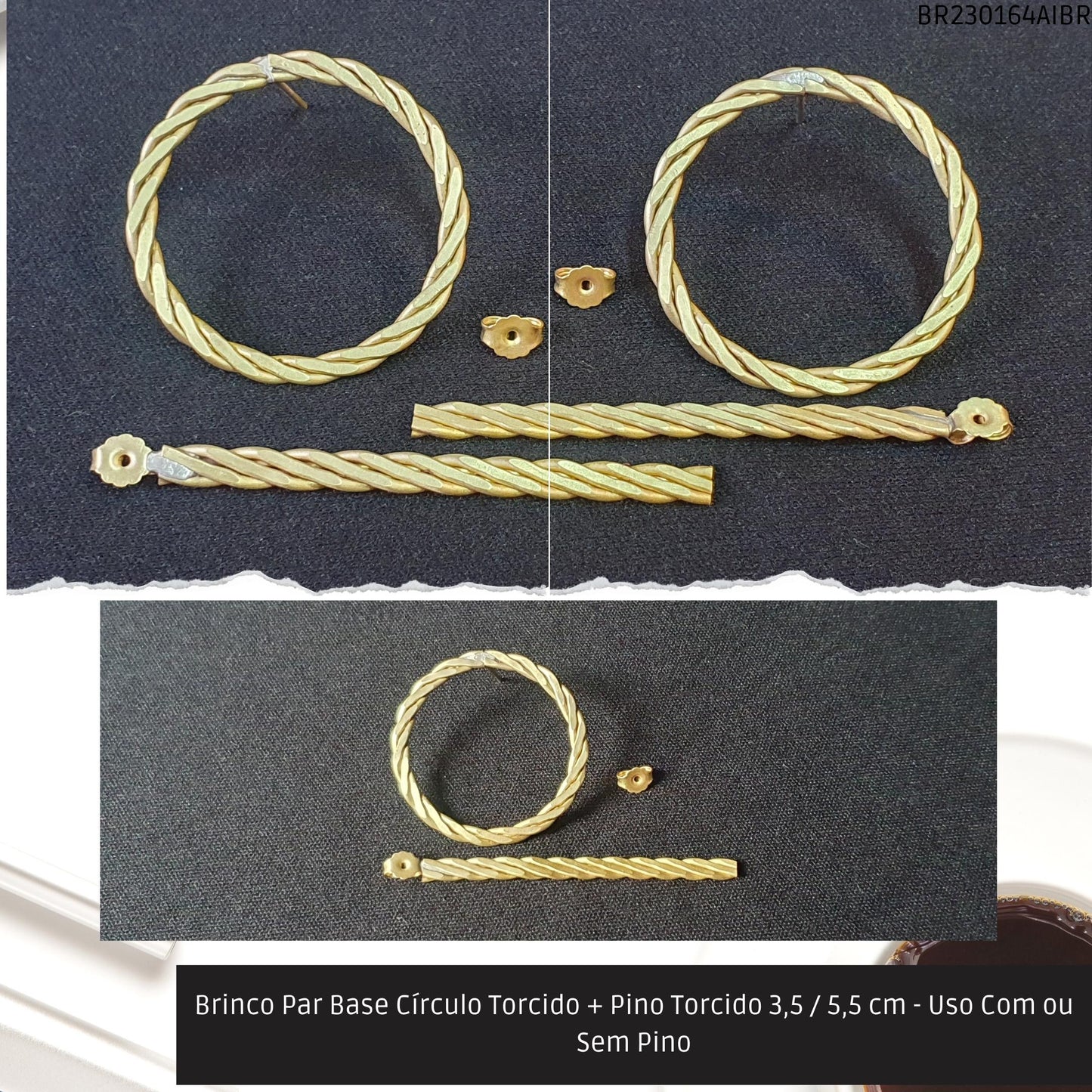 Brinco Par Base Círculo Torcido + Pino Torcido 3.5 / 5.5 cm - Uso Com ou Sem Pino  - Código.: BR230164AIBR  - Peso.: 10.0 gr