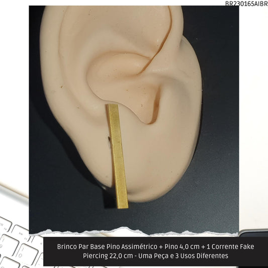 Brinco Par Base Pino Assimétrico + Pino 4.0 cm + 1 Corrente Fake Piercing 22.0 cm - Uma Peça e 3 Usos Diferentes  - Código.: BR230165AIBR  - Peso.: 5.1 gr