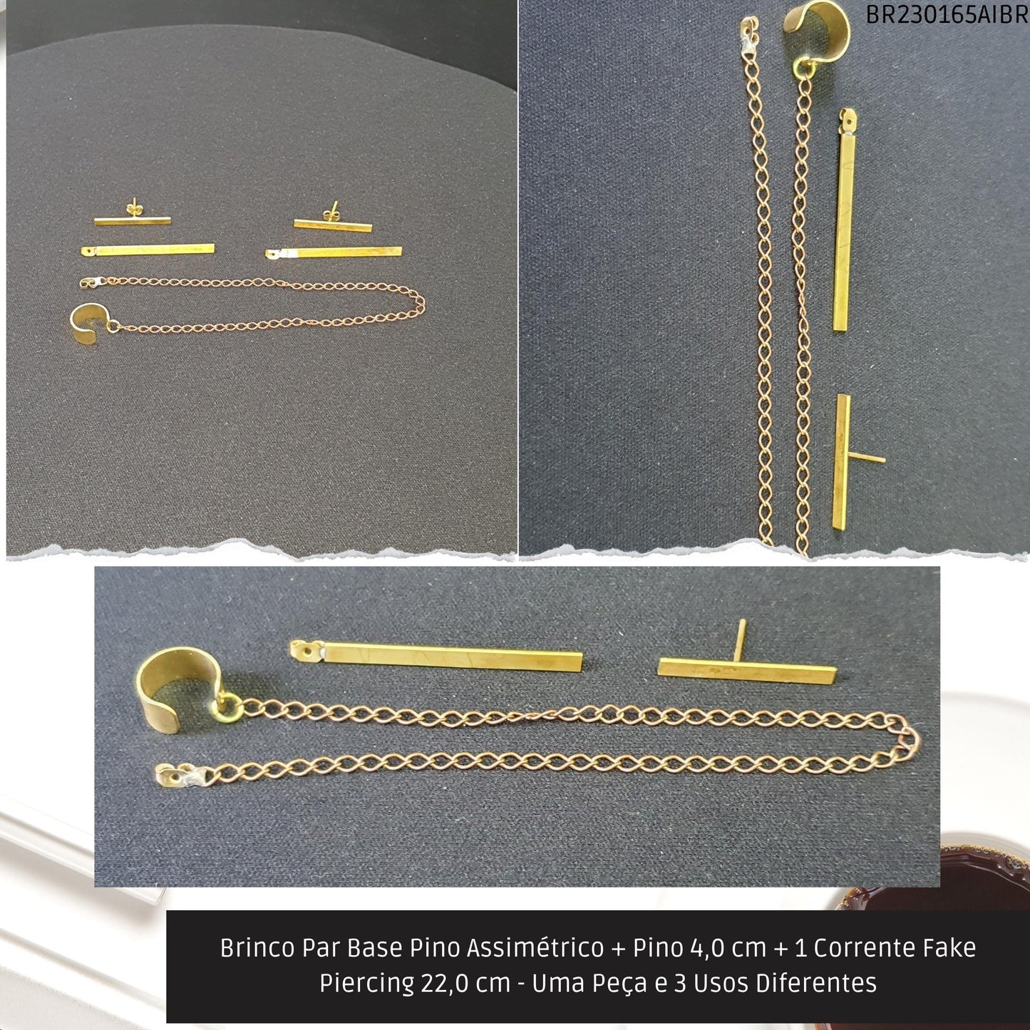 Brinco Par Base Pino Assimétrico + Pino 4.0 cm + 1 Corrente Fake Piercing 22.0 cm - Uma Peça e 3 Usos Diferentes  - Código.: BR230165AIBR  - Peso.: 5.1 gr