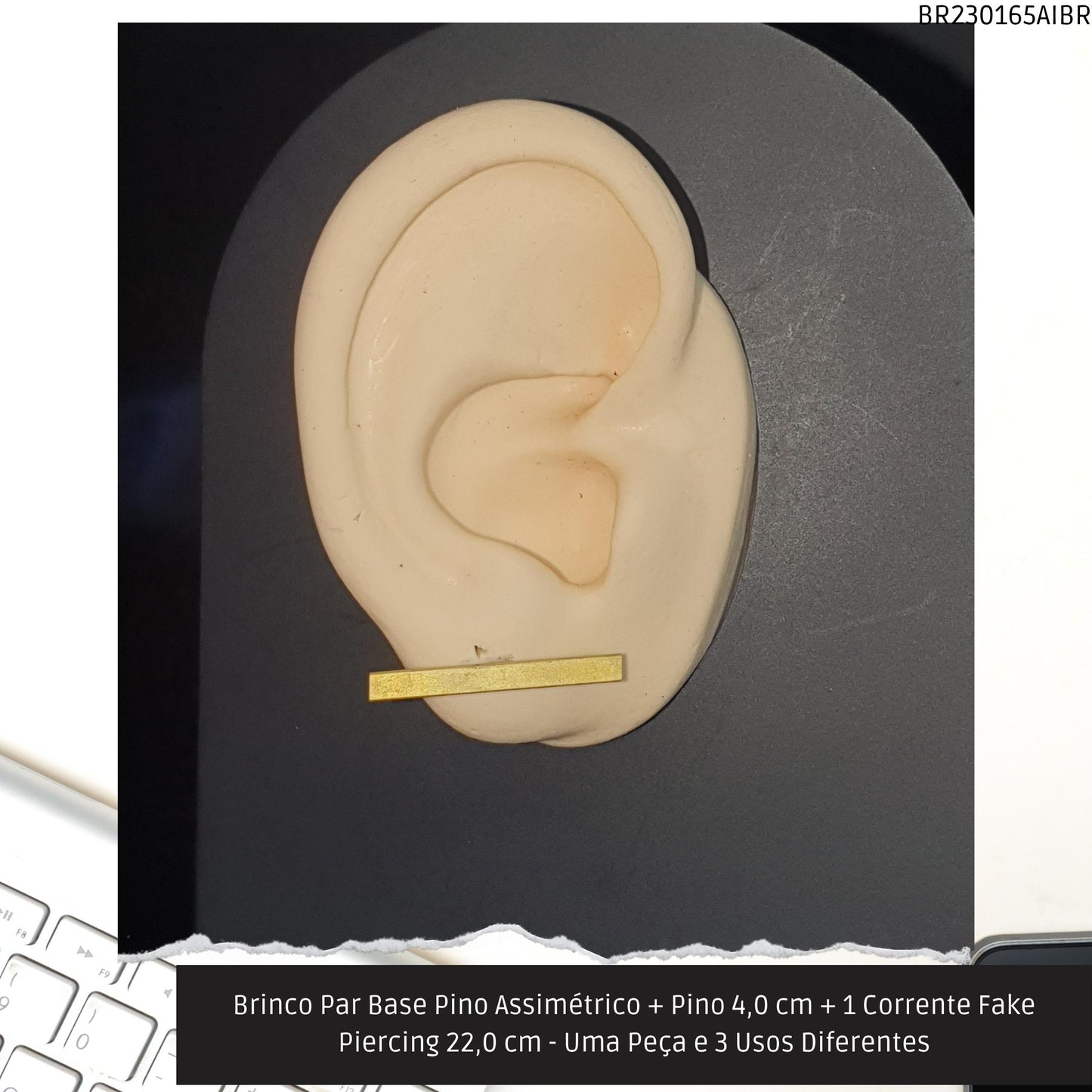 Brinco Par Base Pino Assimétrico + Pino 4.0 cm + 1 Corrente Fake Piercing 22.0 cm - Uma Peça e 3 Usos Diferentes  - Código.: BR230165AIBR  - Peso.: 5.1 gr