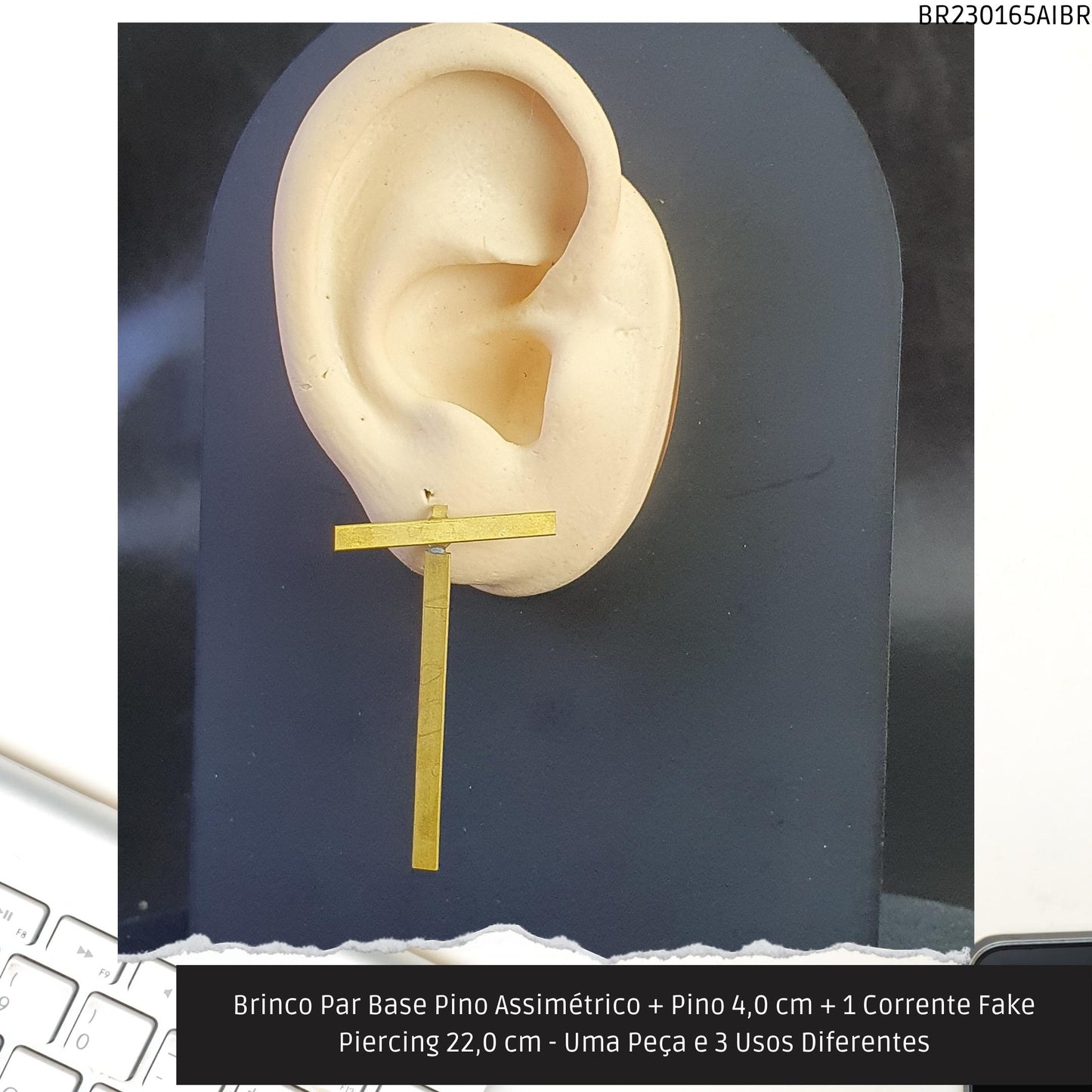 Brinco Par Base Pino Assimétrico + Pino 4.0 cm + 1 Corrente Fake Piercing 22.0 cm - Uma Peça e 3 Usos Diferentes  - Código.: BR230165AIBR  - Peso.: 5.1 gr