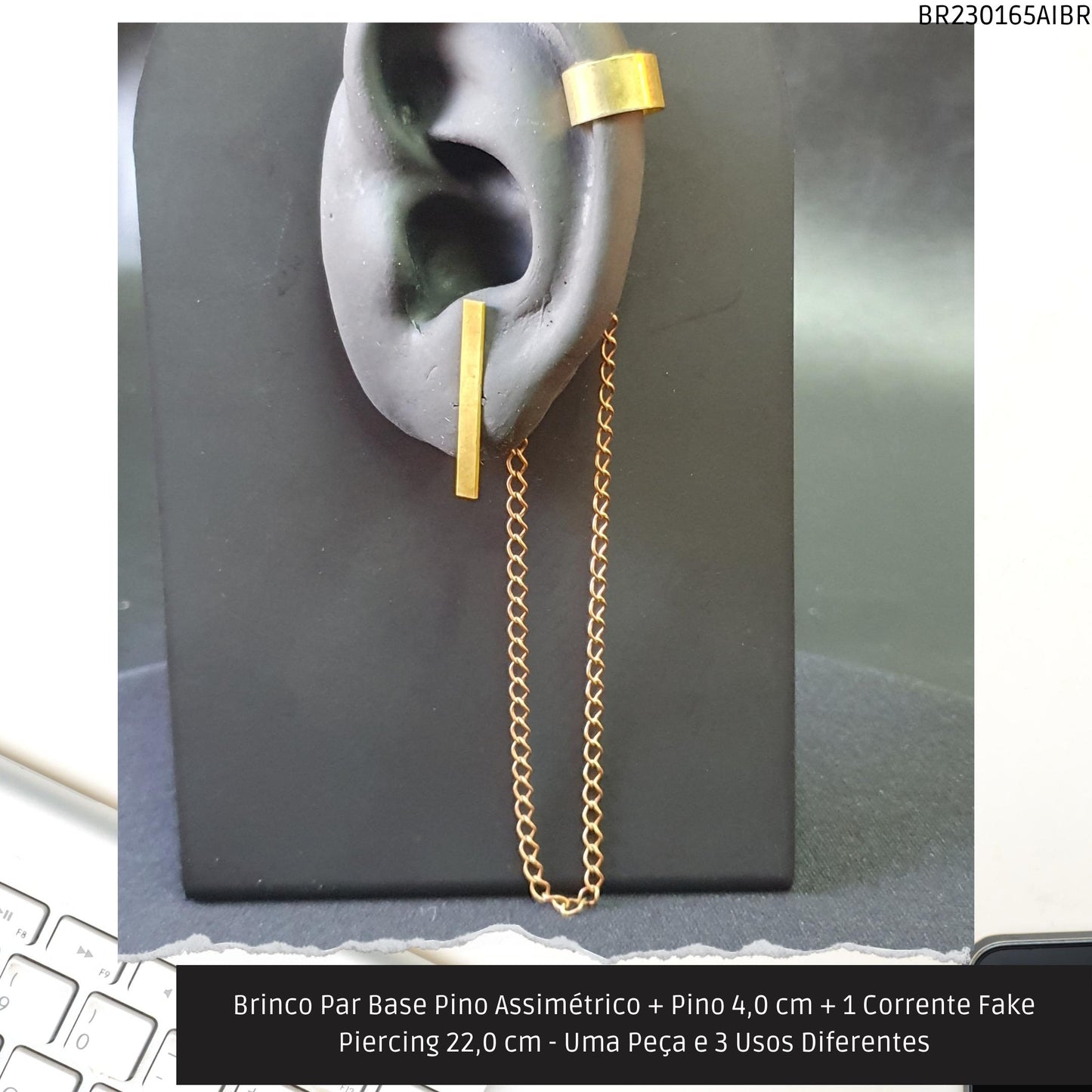 Brinco Par Base Pino Assimétrico + Pino 4.0 cm + 1 Corrente Fake Piercing 22.0 cm - Uma Peça e 3 Usos Diferentes  - Código.: BR230165AIBR  - Peso.: 5.1 gr