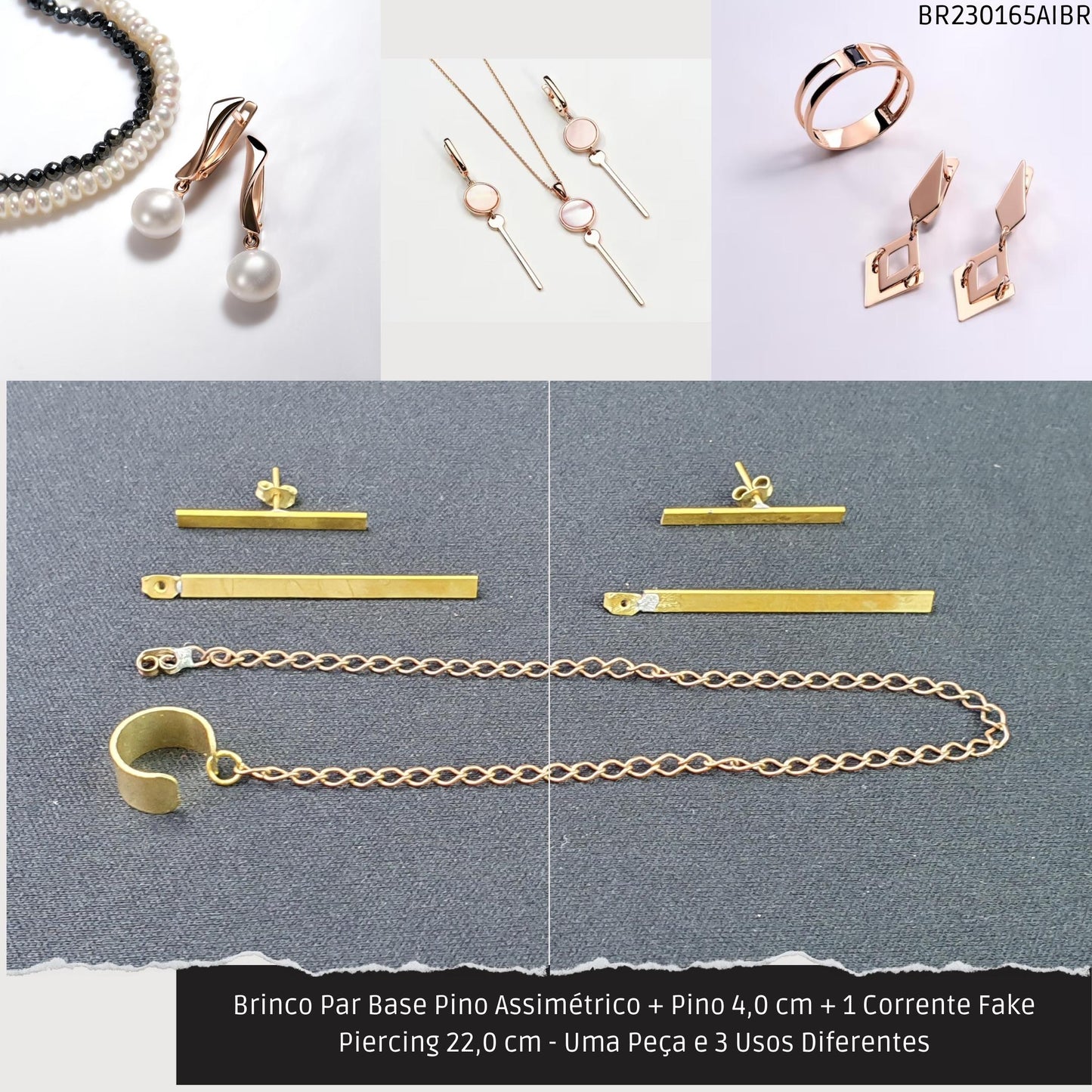 Brinco Par Base Pino Assimétrico + Pino 4.0 cm + 1 Corrente Fake Piercing 22.0 cm - Uma Peça e 3 Usos Diferentes  - Código.: BR230165AIBR  - Peso.: 5.1 gr