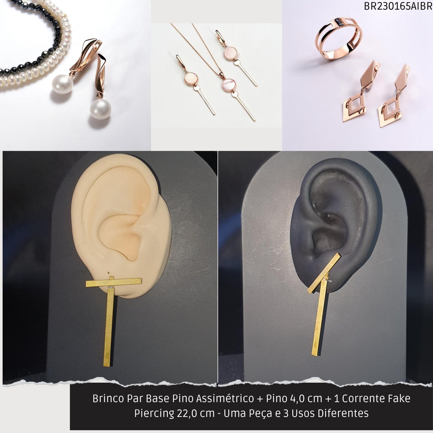 Brinco Par Base Pino Assimétrico + Pino 4.0 cm + 1 Corrente Fake Piercing 22.0 cm - Uma Peça e 3 Usos Diferentes  - Código.: BR230165AIBR  - Peso.: 5.1 gr