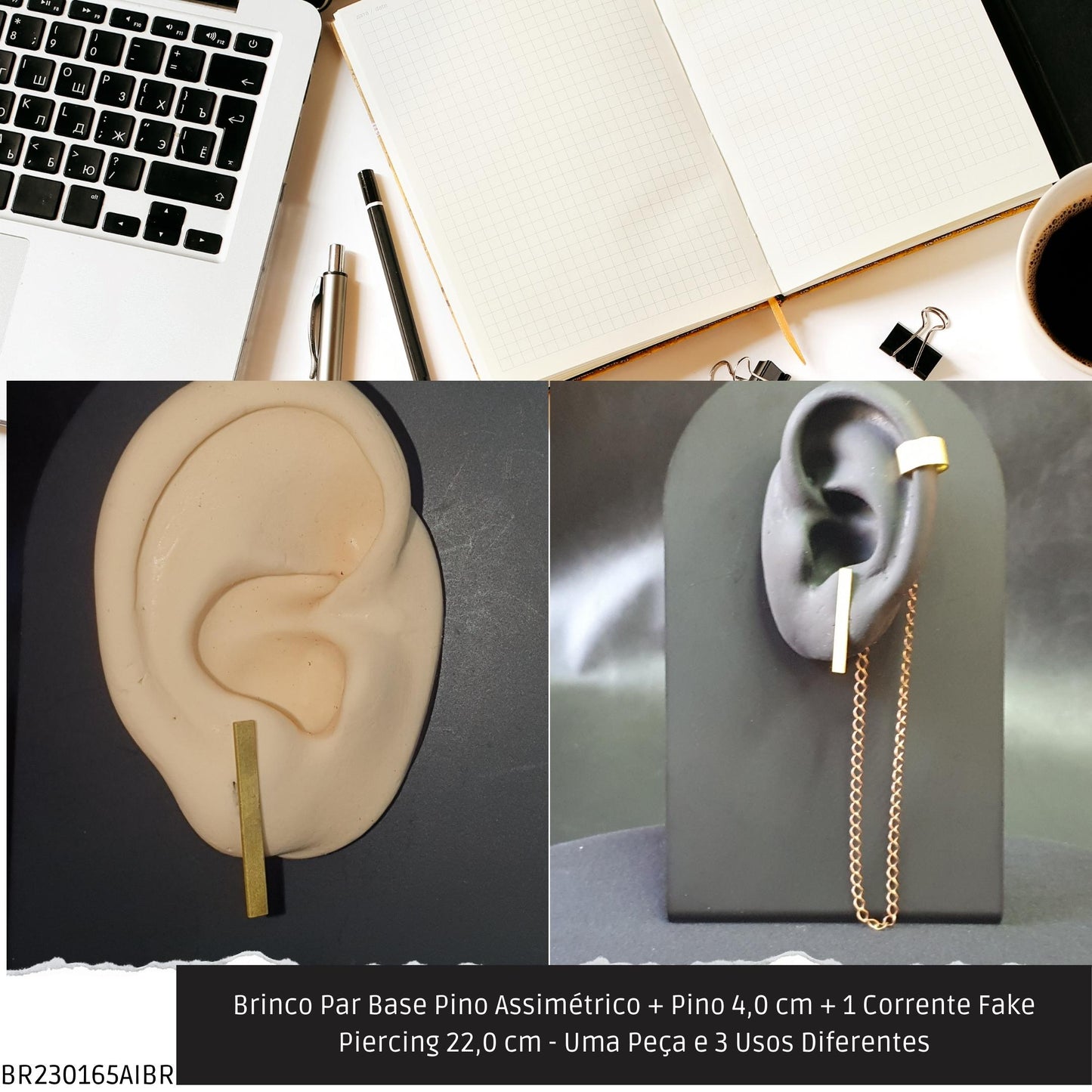 Brinco Par Base Pino Assimétrico + Pino 4.0 cm + 1 Corrente Fake Piercing 22.0 cm - Uma Peça e 3 Usos Diferentes  - Código.: BR230165AIBR  - Peso.: 5.1 gr