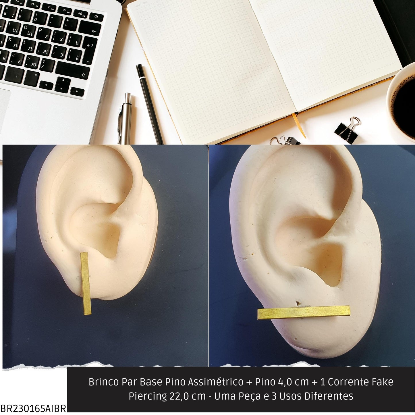 Brinco Par Base Pino Assimétrico + Pino 4.0 cm + 1 Corrente Fake Piercing 22.0 cm - Uma Peça e 3 Usos Diferentes  - Código.: BR230165AIBR  - Peso.: 5.1 gr