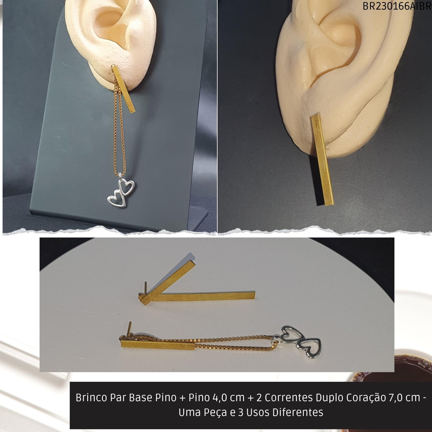 Brinco Par Base Pino + Pino 4.0 cm + 2 Correntes Duplo Coração 7.0 cm - Uma Peça e 3 Usos Diferentes  - Código.: BR230166AIBR  - Peso.: 6.1 gr