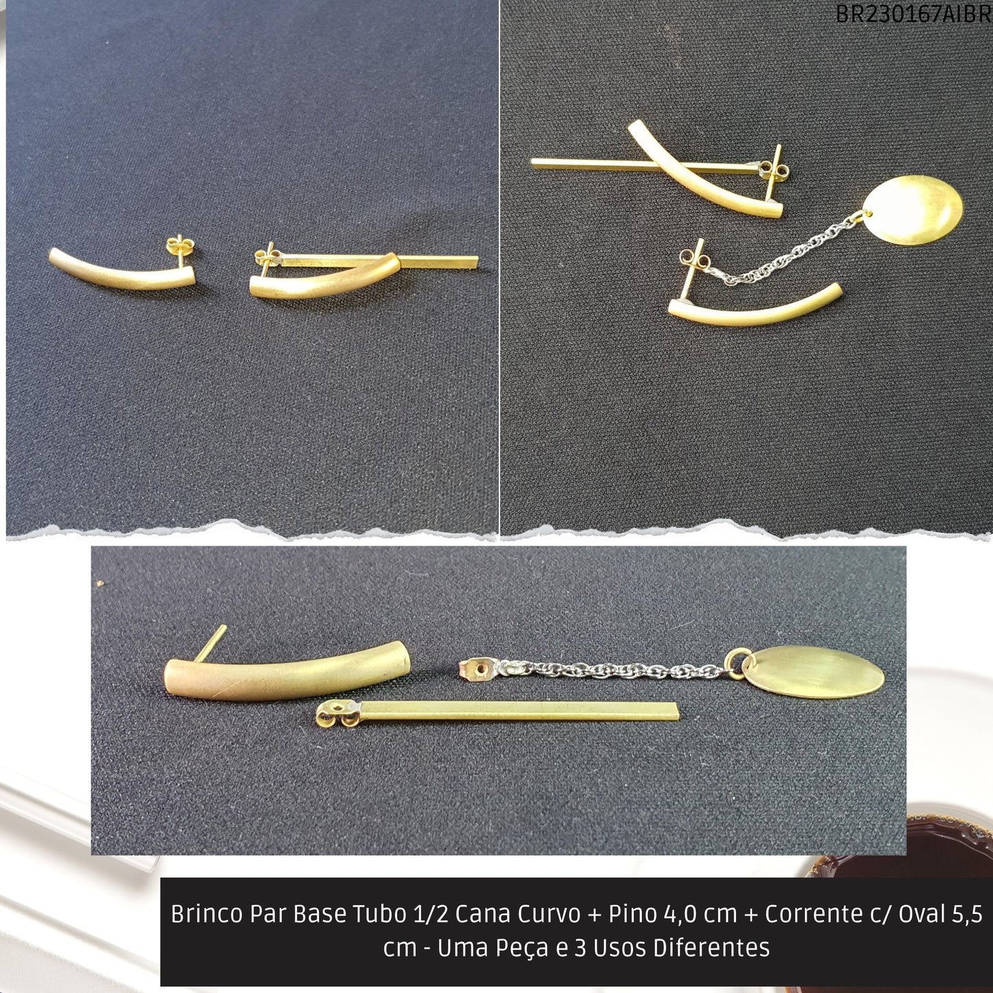 Brinco Par Base Tubo 1/2 Cana Curvo + Pino 4.0 cm + Corrente c/ Oval 5.5 cm - Uma Peça e 3 Usos Diferentes  - Código.: BR230167AIBR  - Peso.: 5.2 gr