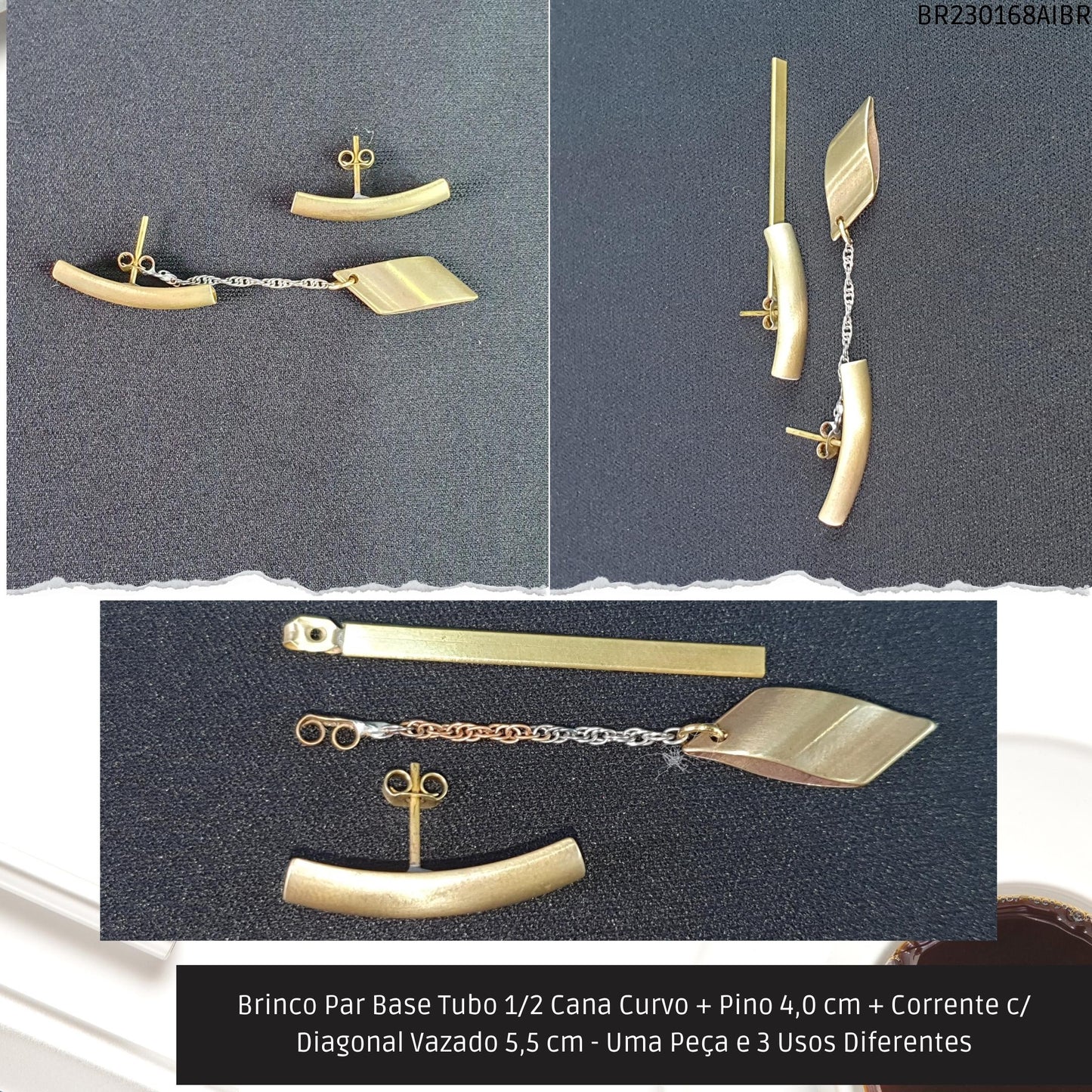 Brinco Par Base Tubo 1/2 Cana Curvo + Pino 4.0 cm + Corrente c/ Diagonal Vazado 5.5 cm - Uma Peça e 3 Usos Diferentes  - Código.: BR230168AIBR  - Peso.: 6.0 gr