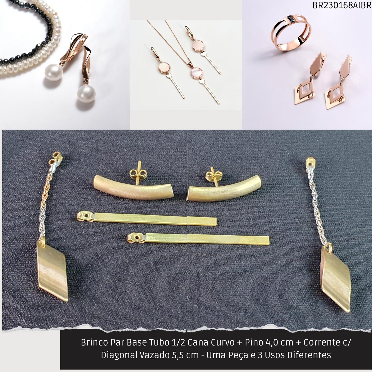 Brinco Par Base Tubo 1/2 Cana Curvo + Pino 4.0 cm + Corrente c/ Diagonal Vazado 5.5 cm - Uma Peça e 3 Usos Diferentes  - Código.: BR230168AIBR  - Peso.: 6.0 gr