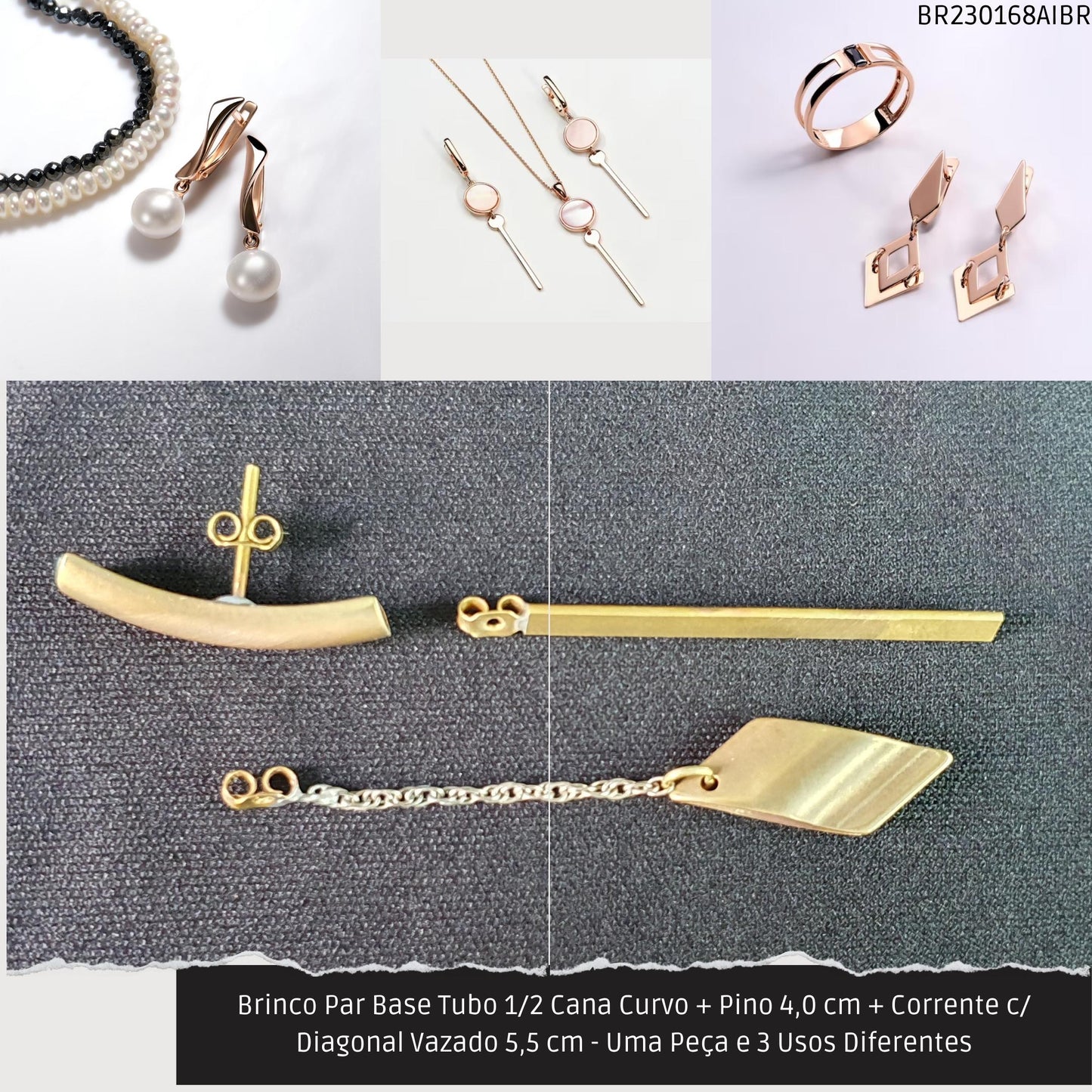 Brinco Par Base Tubo 1/2 Cana Curvo + Pino 4.0 cm + Corrente c/ Diagonal Vazado 5.5 cm - Uma Peça e 3 Usos Diferentes  - Código.: BR230168AIBR  - Peso.: 6.0 gr
