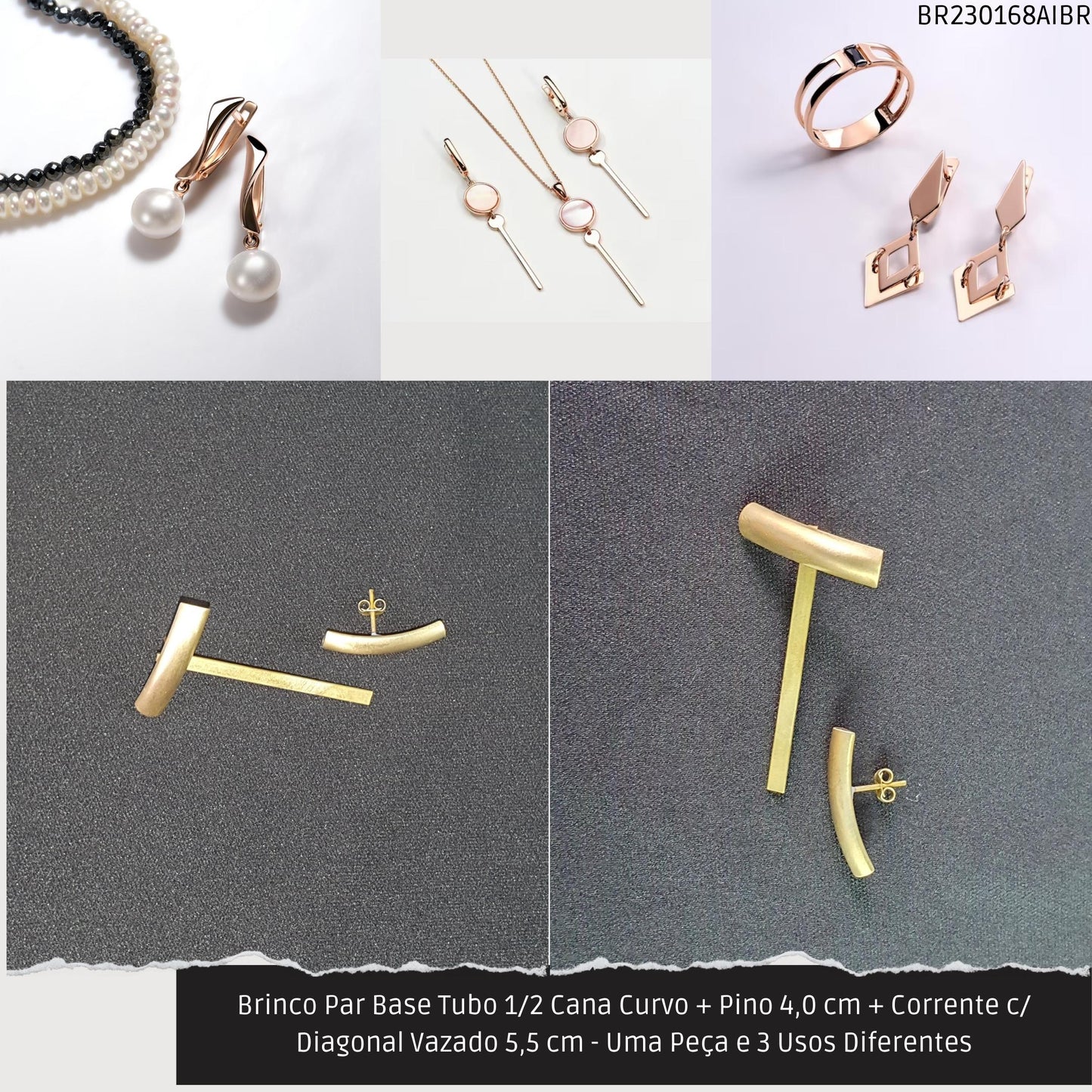 Brinco Par Base Tubo 1/2 Cana Curvo + Pino 4.0 cm + Corrente c/ Diagonal Vazado 5.5 cm - Uma Peça e 3 Usos Diferentes  - Código.: BR230168AIBR  - Peso.: 6.0 gr