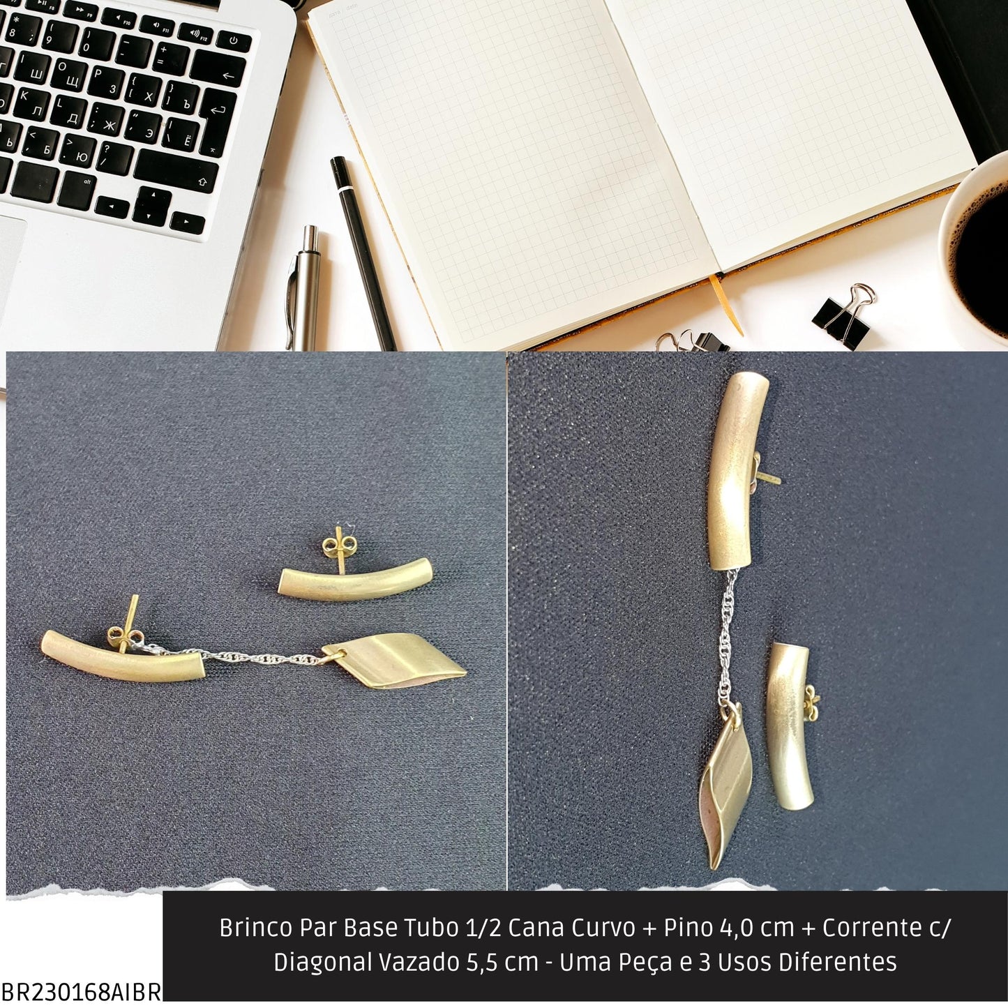Brinco Par Base Tubo 1/2 Cana Curvo + Pino 4.0 cm + Corrente c/ Diagonal Vazado 5.5 cm - Uma Peça e 3 Usos Diferentes  - Código.: BR230168AIBR  - Peso.: 6.0 gr