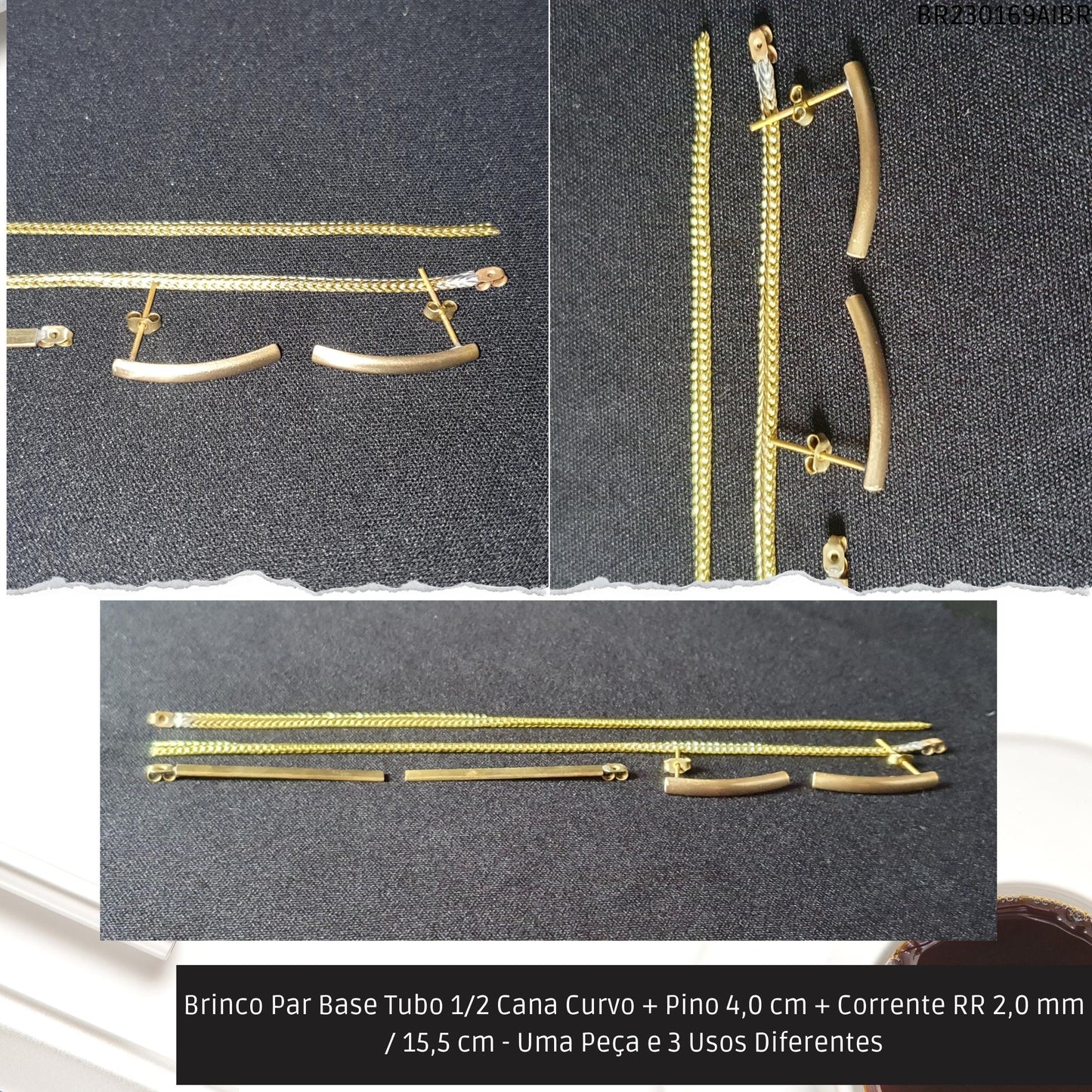 Brinco Par Base Tubo 1/2 Cana Curvo + Pino 4.0 cm + Corrente RR 2.0 mm / 15.5 cm - Uma Peça e 3 Usos Diferentes  - Código.: BR230169AIBR  - Peso.: 8.2 gr