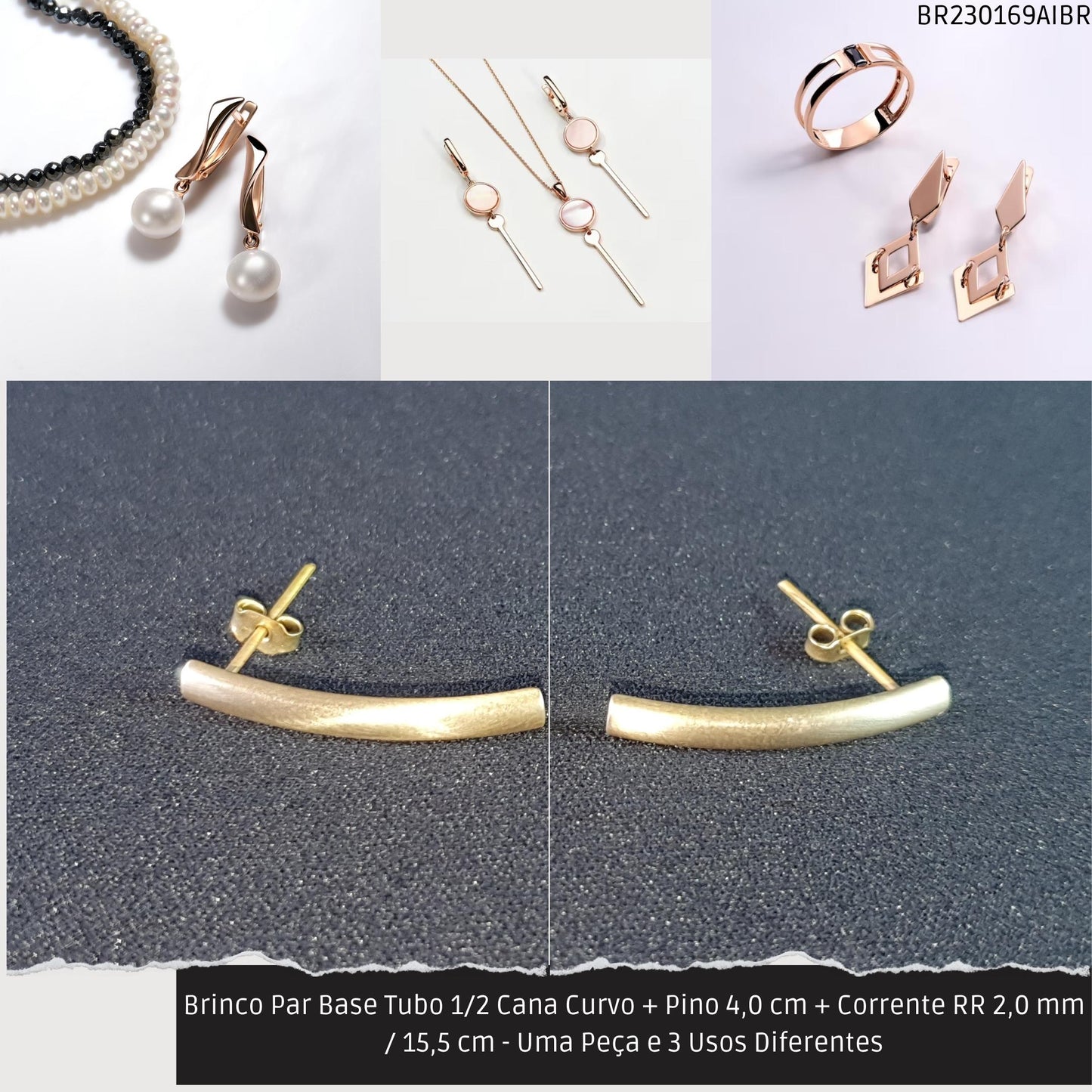 Brinco Par Base Tubo 1/2 Cana Curvo + Pino 4.0 cm + Corrente RR 2.0 mm / 15.5 cm - Uma Peça e 3 Usos Diferentes  - Código.: BR230169AIBR  - Peso.: 8.2 gr