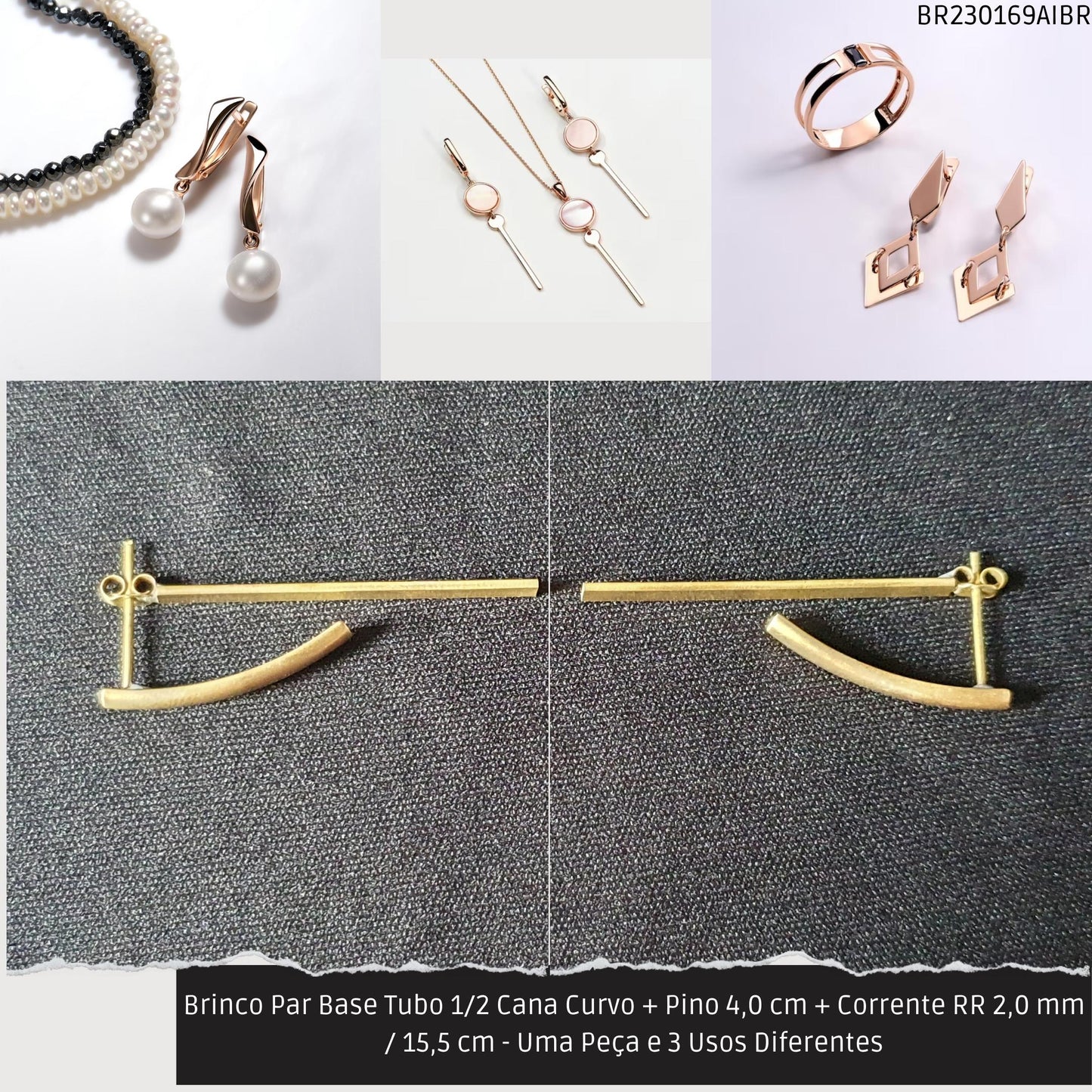 Brinco Par Base Tubo 1/2 Cana Curvo + Pino 4.0 cm + Corrente RR 2.0 mm / 15.5 cm - Uma Peça e 3 Usos Diferentes  - Código.: BR230169AIBR  - Peso.: 8.2 gr