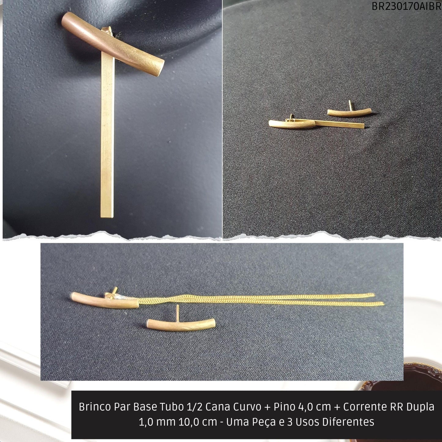Brinco Par Base Tubo 1/2 Cana Curvo + Pino 4.0 cm + Corrente RR Dupla 1.0 mm / 10.0 cm - Uma Peça e 3 Usos Diferentes  - Código.: BR230170AIBR  - Peso.: 5.6 gr