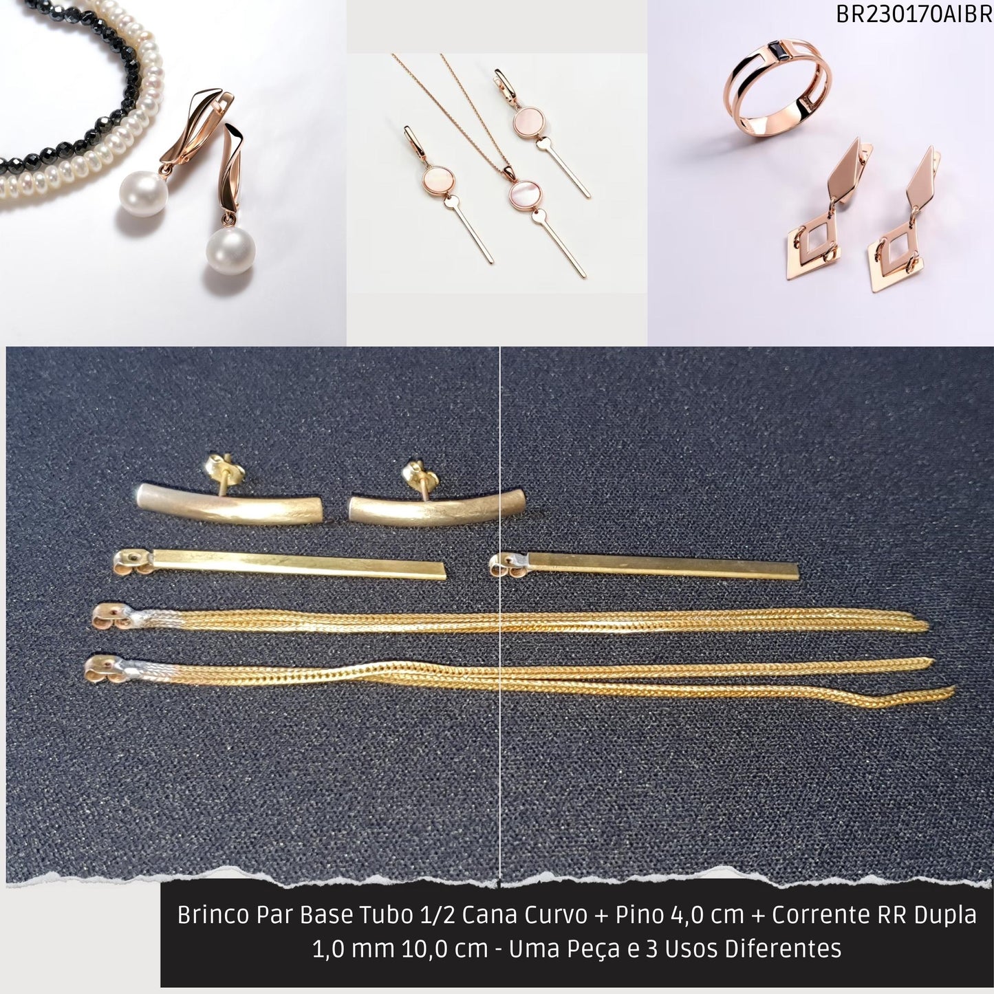 Brinco Par Base Tubo 1/2 Cana Curvo + Pino 4.0 cm + Corrente RR Dupla 1.0 mm / 10.0 cm - Uma Peça e 3 Usos Diferentes  - Código.: BR230170AIBR  - Peso.: 5.6 gr