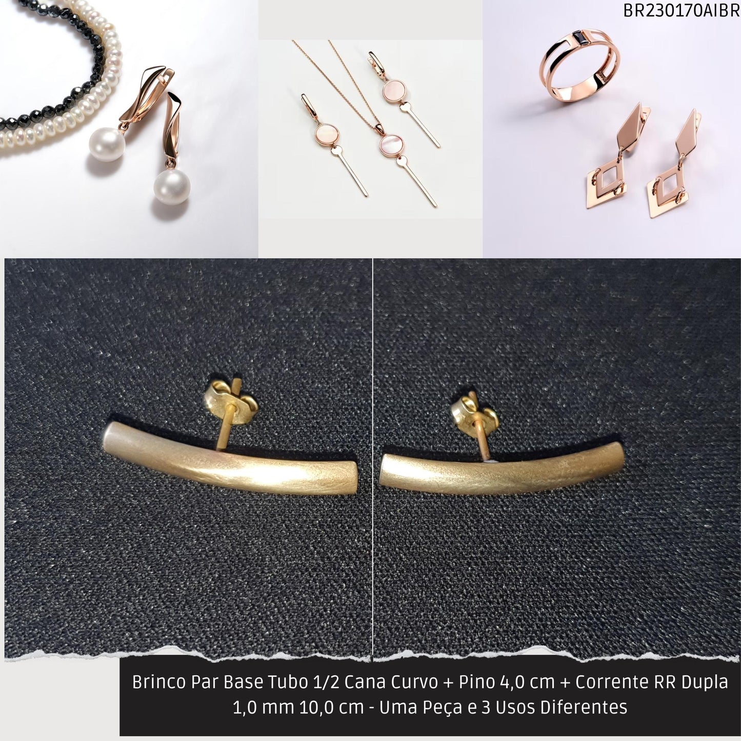Brinco Par Base Tubo 1/2 Cana Curvo + Pino 4.0 cm + Corrente RR Dupla 1.0 mm / 10.0 cm - Uma Peça e 3 Usos Diferentes  - Código.: BR230170AIBR  - Peso.: 5.6 gr