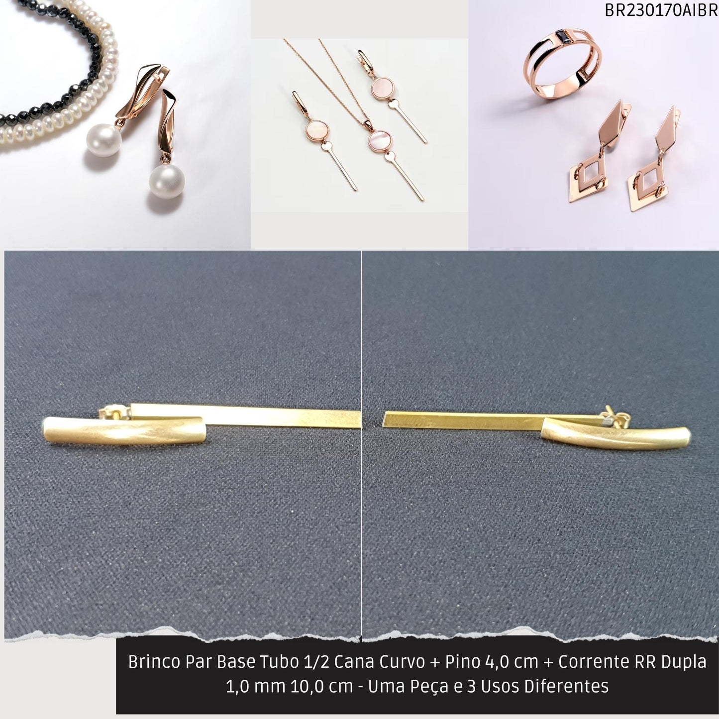 Brinco Par Base Tubo 1/2 Cana Curvo + Pino 4.0 cm + Corrente RR Dupla 1.0 mm / 10.0 cm - Uma Peça e 3 Usos Diferentes  - Código.: BR230170AIBR  - Peso.: 5.6 gr