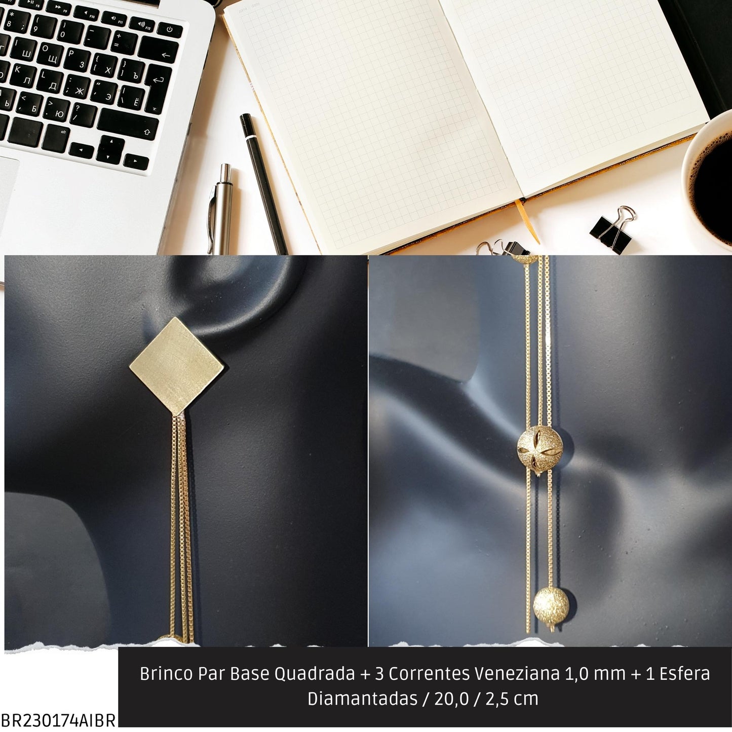 Brinco Par Base Quadrada + 3 Correntes Veneziana 1.0 mm + 1 Esfera Diamantadas / 20.0 / 2.5 cm   - Código.: BR230174AIBR  - Peso.: 19.0 gr