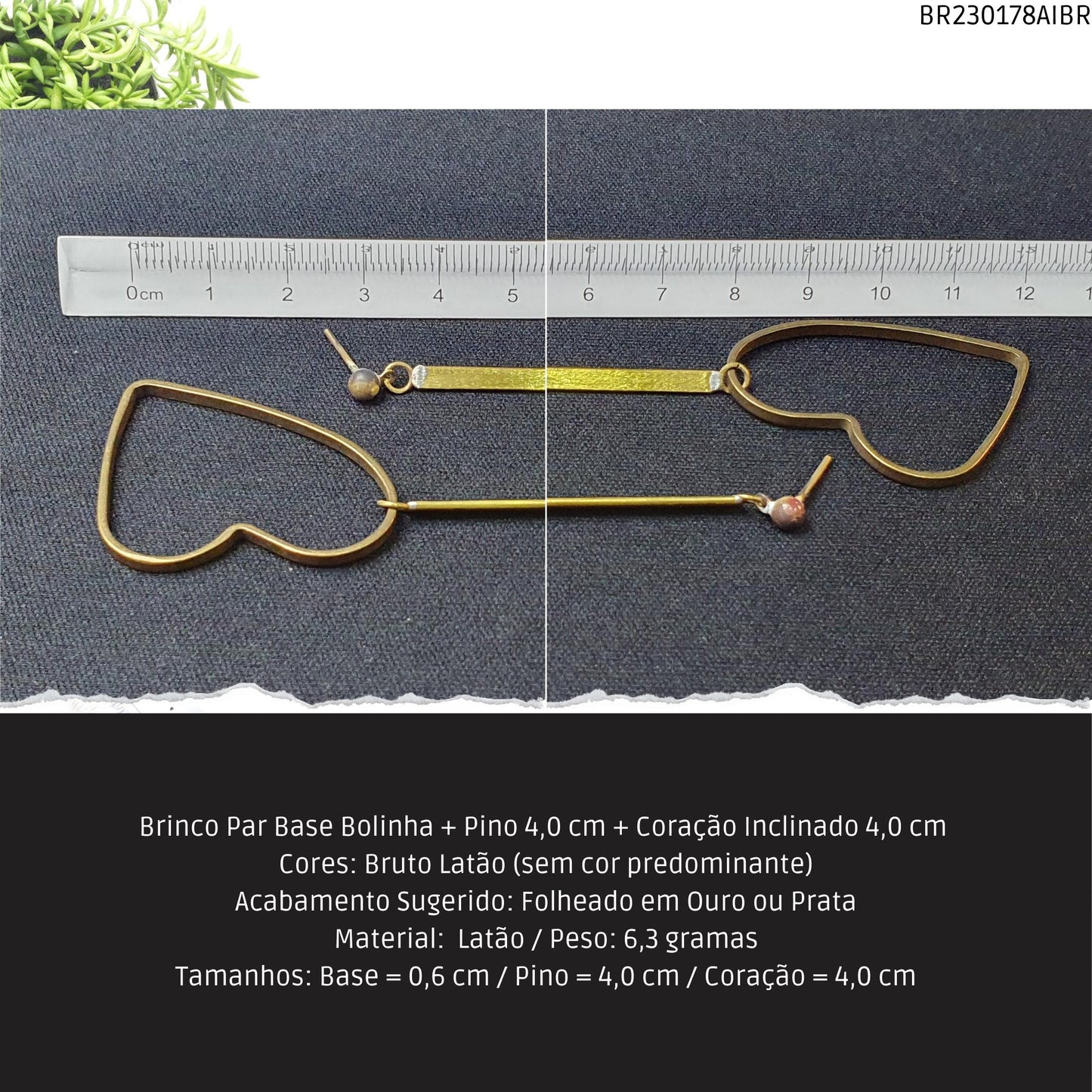 Brinco Par Base Bolinha + Pino 4.0 cm + Coração Inclinado 4.0 cm   - Código.: BR230178AIBR  - Peso.: 6.3 gr