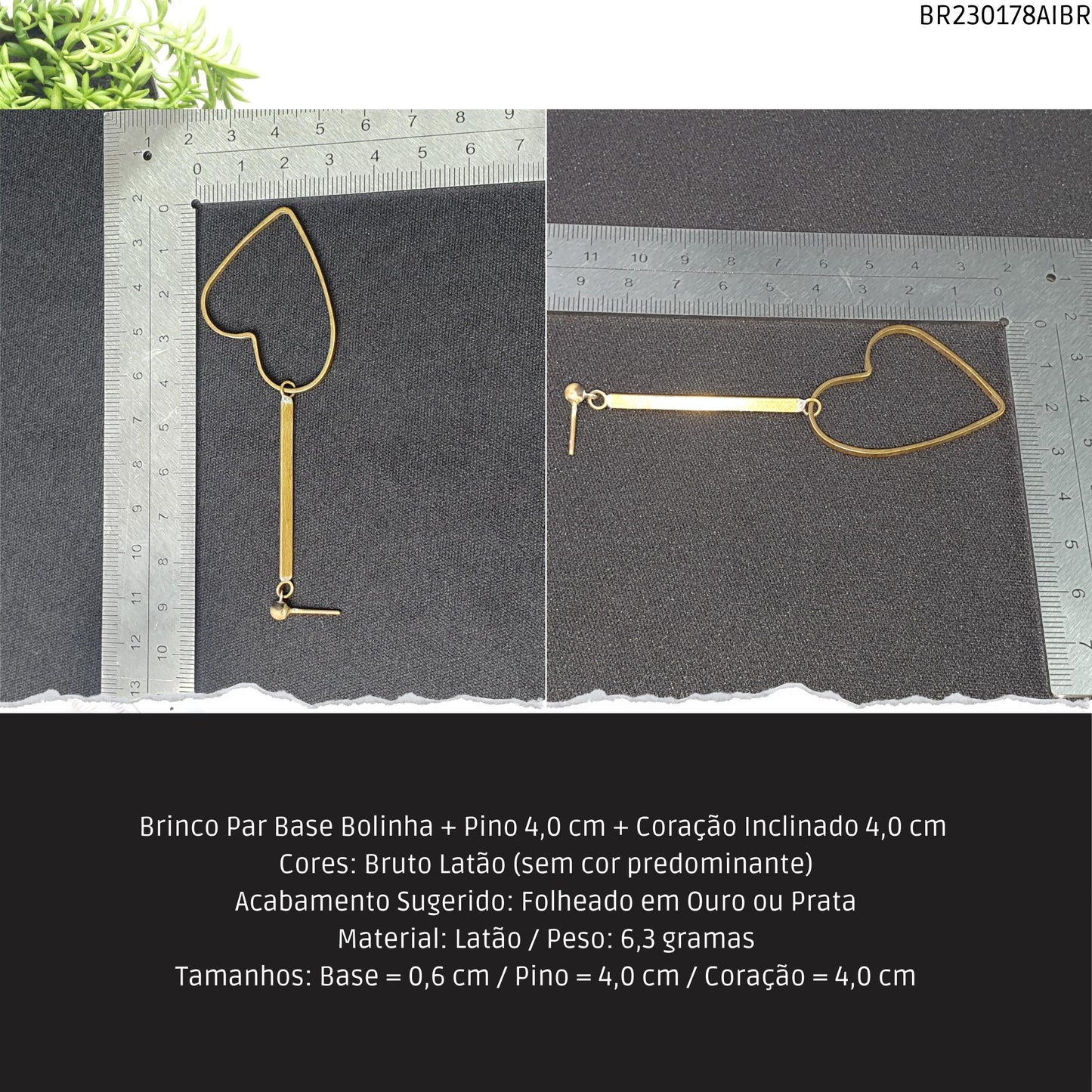 Brinco Par Base Bolinha + Pino 4.0 cm + Coração Inclinado 4.0 cm   - Código.: BR230178AIBR  - Peso.: 6.3 gr