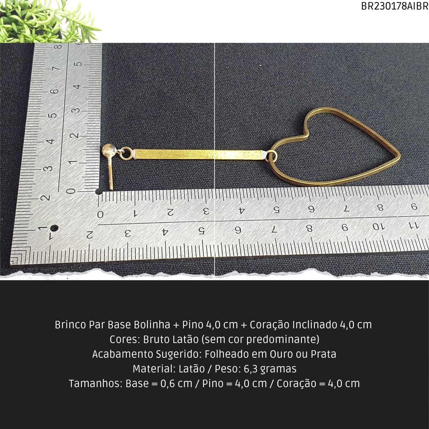 Brinco Par Base Bolinha + Pino 4.0 cm + Coração Inclinado 4.0 cm   - Código.: BR230178AIBR  - Peso.: 6.3 gr