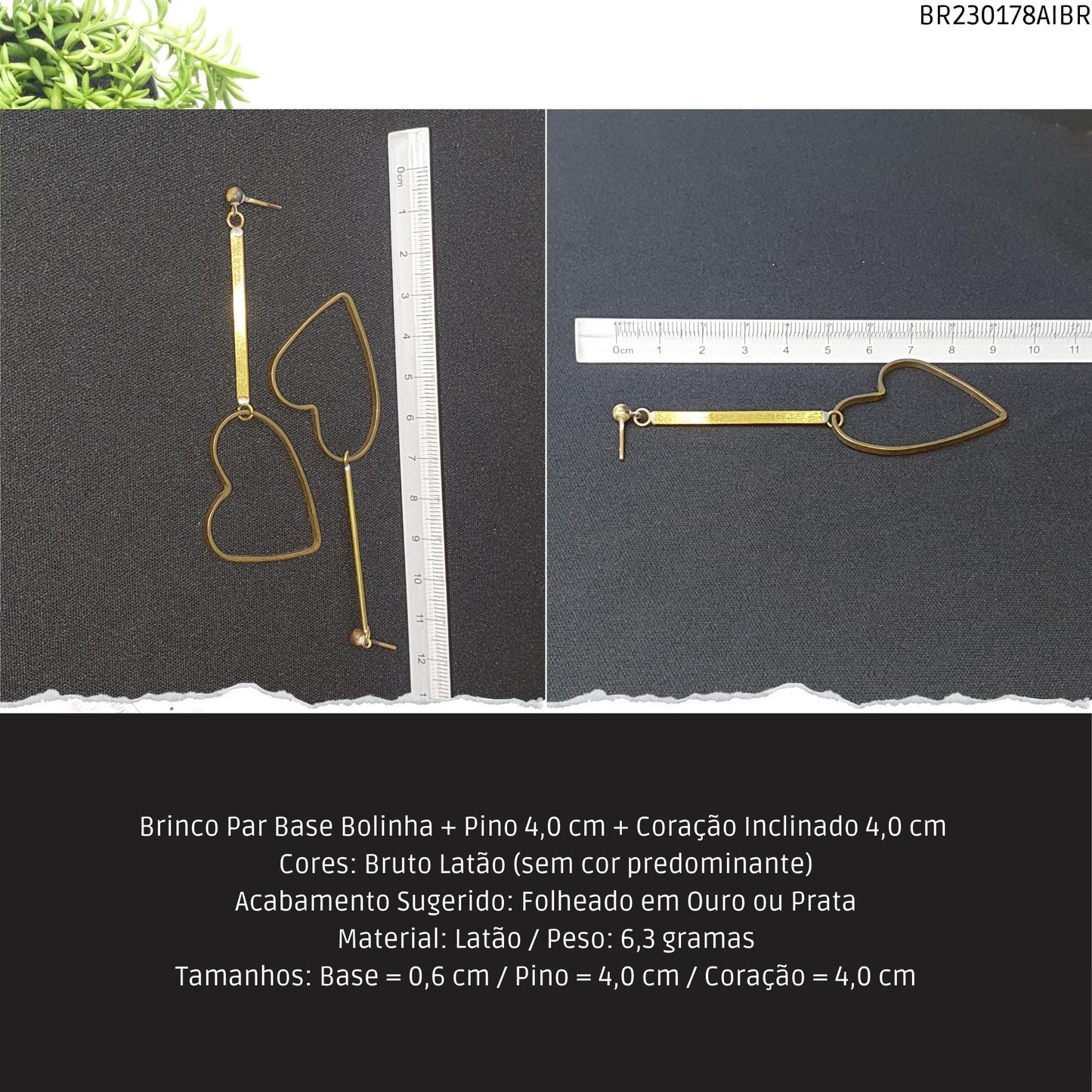 Brinco Par Base Bolinha + Pino 4.0 cm + Coração Inclinado 4.0 cm   - Código.: BR230178AIBR  - Peso.: 6.3 gr