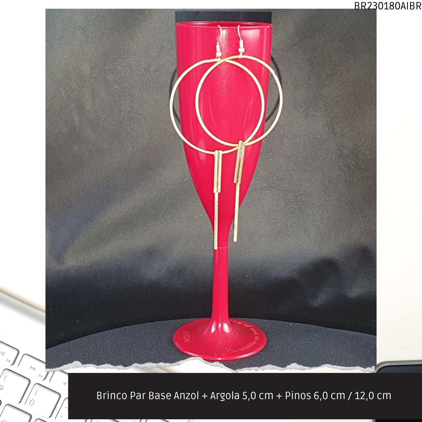 Brinco Par Base Anzol + Argola 5.0 cm + Pinos 6.0 cm / 12.0 cm   - Código.: BR230180AIBR  - Peso.: 7.5 gr