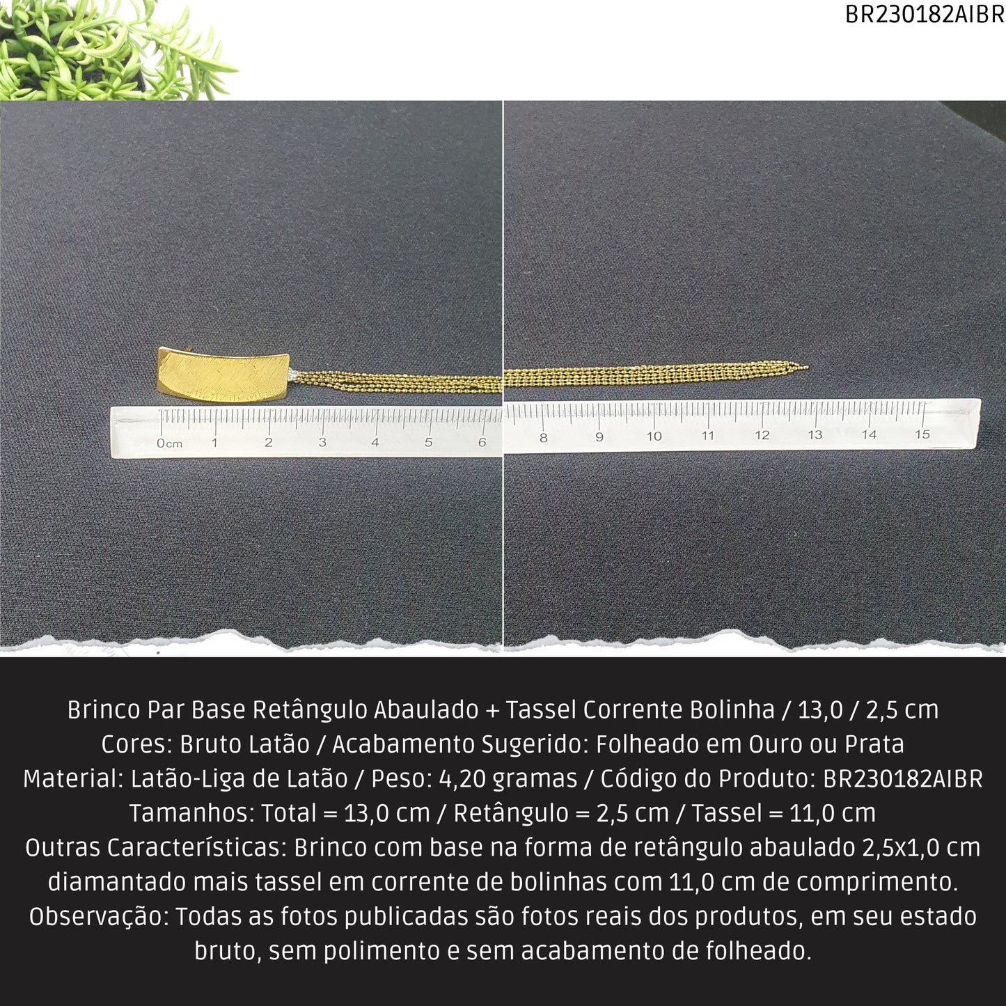 Brinco Par Base Retângulo Abaulado + Tassel Corrente Bolinha / 13.0 / 2.5 cm   - Código.: BR230182AIBR  - Peso.: 4.2 gr