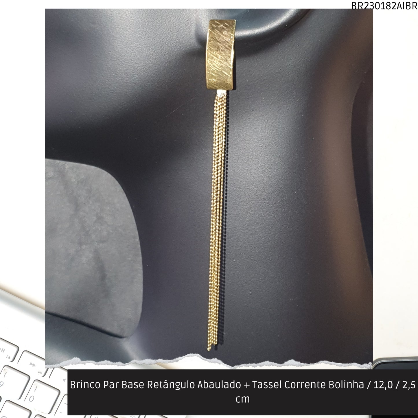 Brinco Par Base Retângulo Abaulado + Tassel Corrente Bolinha / 13.0 / 2.5 cm   - Código.: BR230182AIBR  - Peso.: 4.2 gr