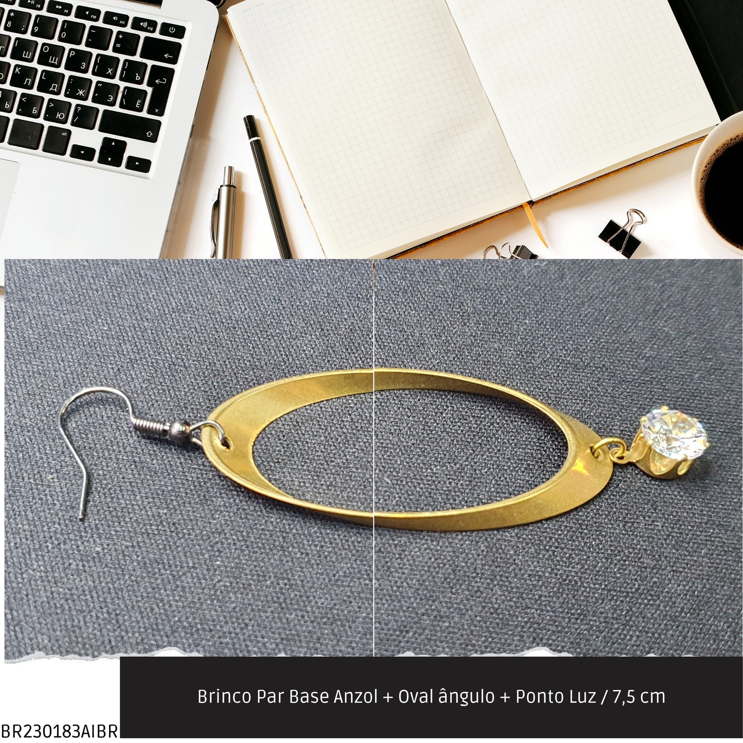 Brinco Par Base Anzol + Oval ângulo + Ponto Luz / 7.5 cm   - Código.: BR230183AIBR  - Peso.: 6.1 gr