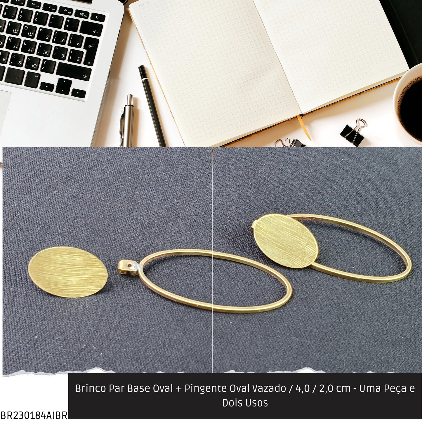 Brinco Par Base Oval + Pingente Oval Vazado / 4.0 / 2.0 cm - Uma Peça e Dois Usos  - Código.: BR230184AIBR  - Peso.: 4.0 gr