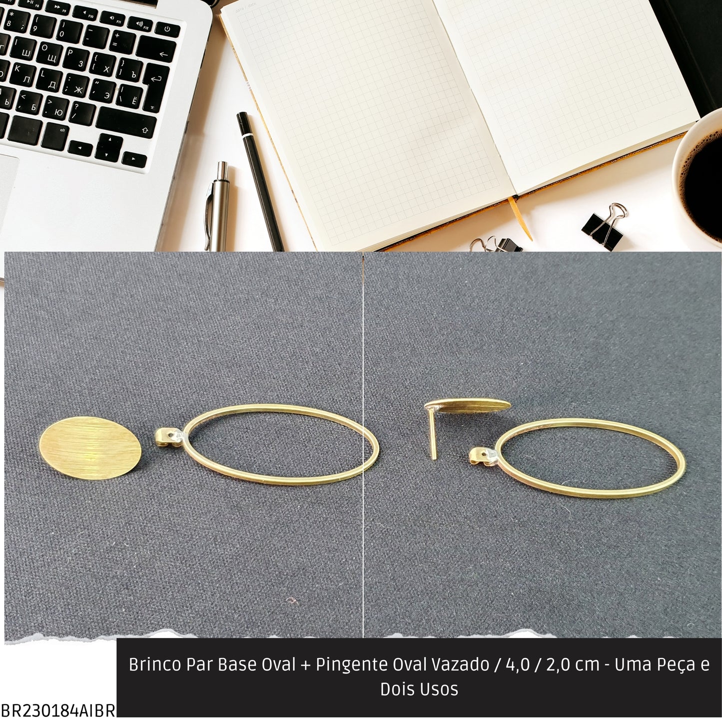 Brinco Par Base Oval + Pingente Oval Vazado / 4.0 / 2.0 cm - Uma Peça e Dois Usos  - Código.: BR230184AIBR  - Peso.: 4.0 gr