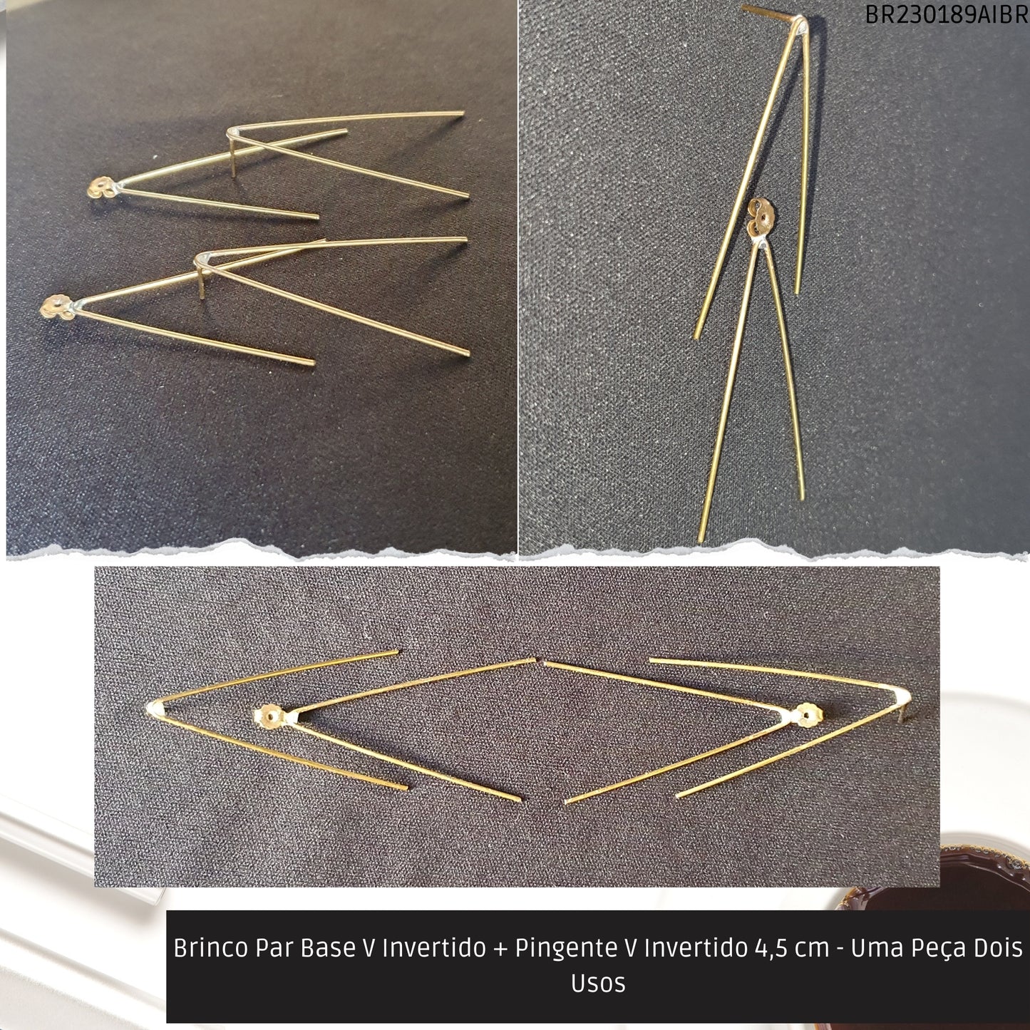Brinco Par Base V Invertido + Pingente V Invertido 4.5 cm - Uma Peça Dois Usos  - Código.: BR230189AIBR  - Peso.: 2.5 gr