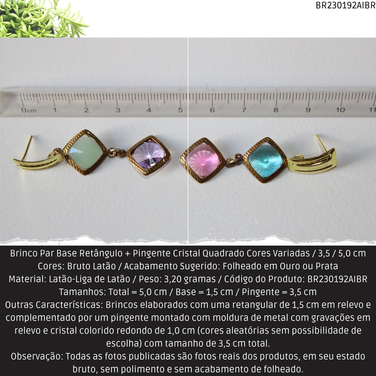 Brinco Par Base Retângulo + Pingente Cristal Quadrado Cores Variadas / 3.5 / 5.0 cm  - Código.: BR230192AIBR  - Peso.: 3.2 gr