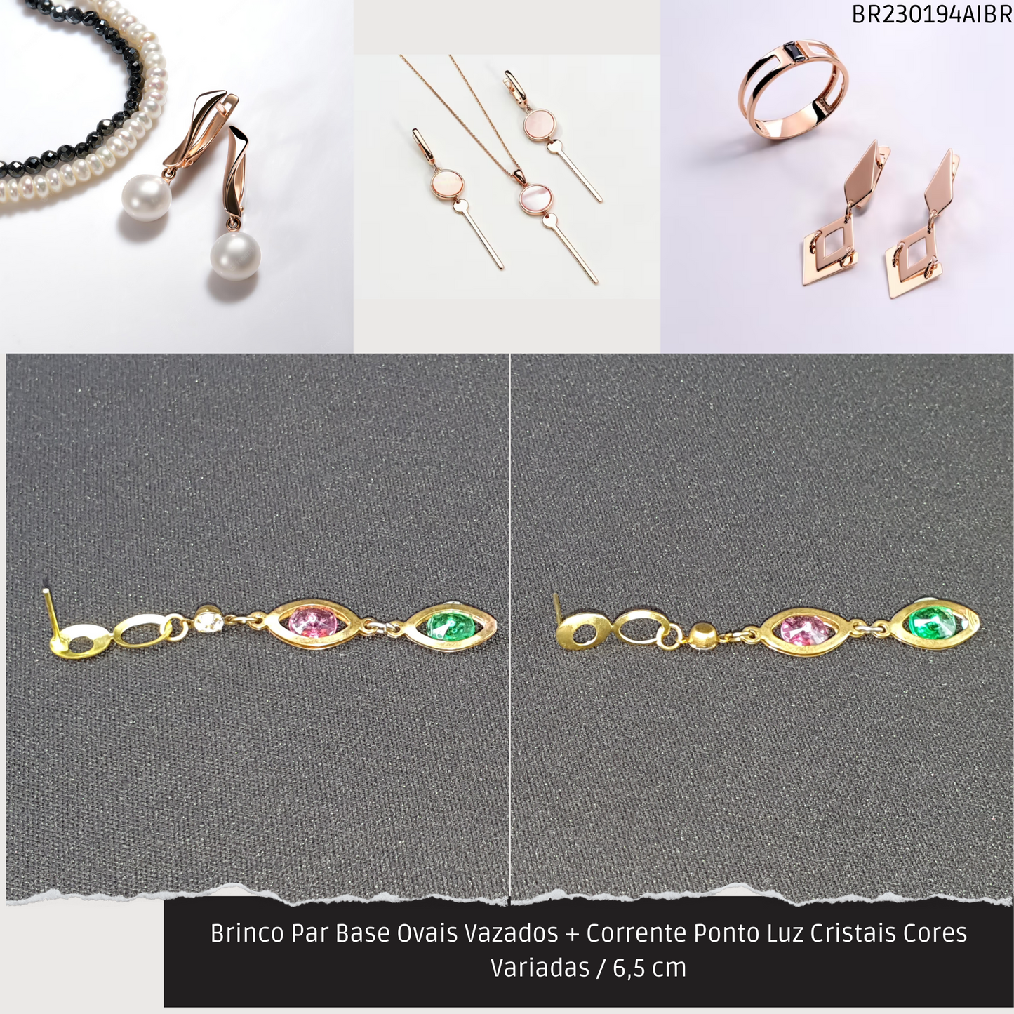 Brinco Par Base Ovais Vazados + Corrente Ponto Luz Cristais Cores Variadas / 6.5 cm   - Código.: BR230194AIBR  - Peso.: 2.8 gr