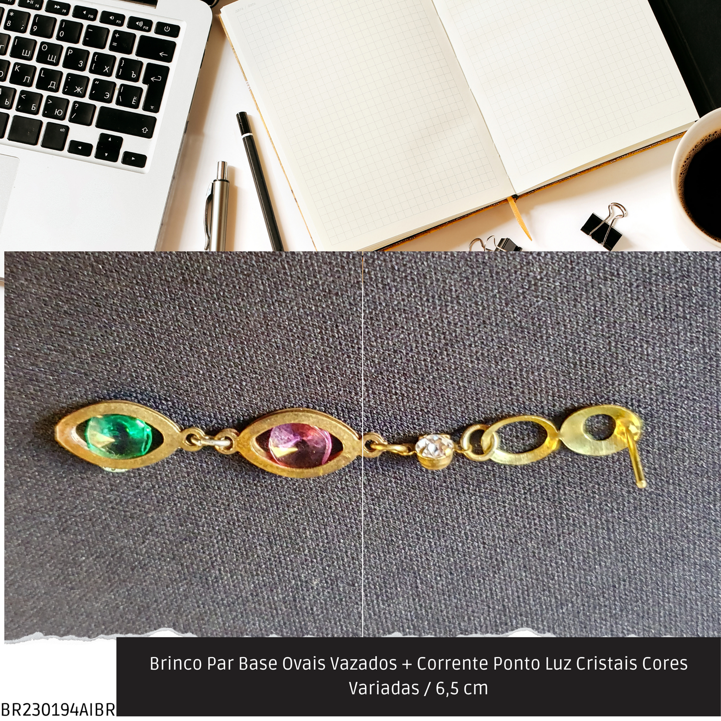 Brinco Par Base Ovais Vazados + Corrente Ponto Luz Cristais Cores Variadas / 6.5 cm   - Código.: BR230194AIBR  - Peso.: 2.8 gr