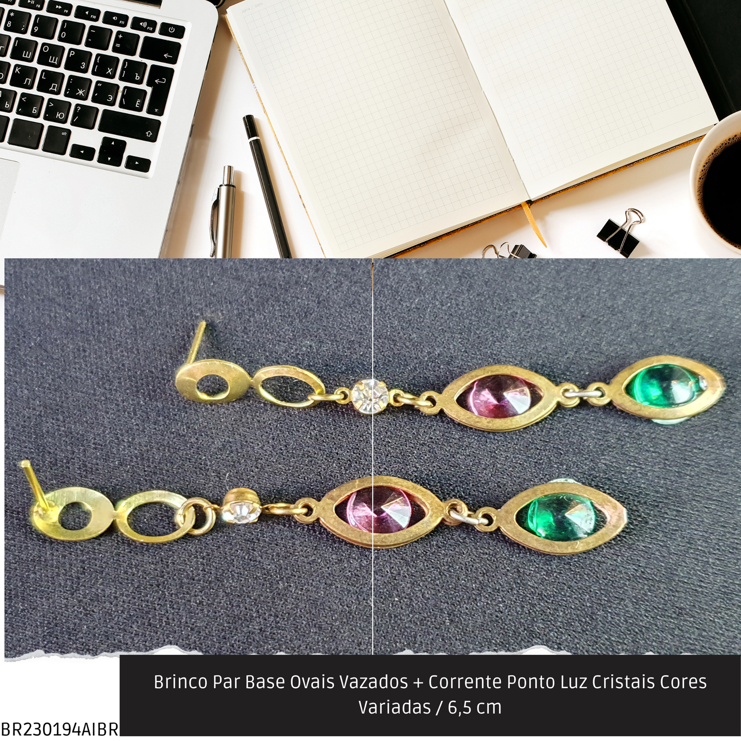 Brinco Par Base Ovais Vazados + Corrente Ponto Luz Cristais Cores Variadas / 6.5 cm   - Código.: BR230194AIBR  - Peso.: 2.8 gr
