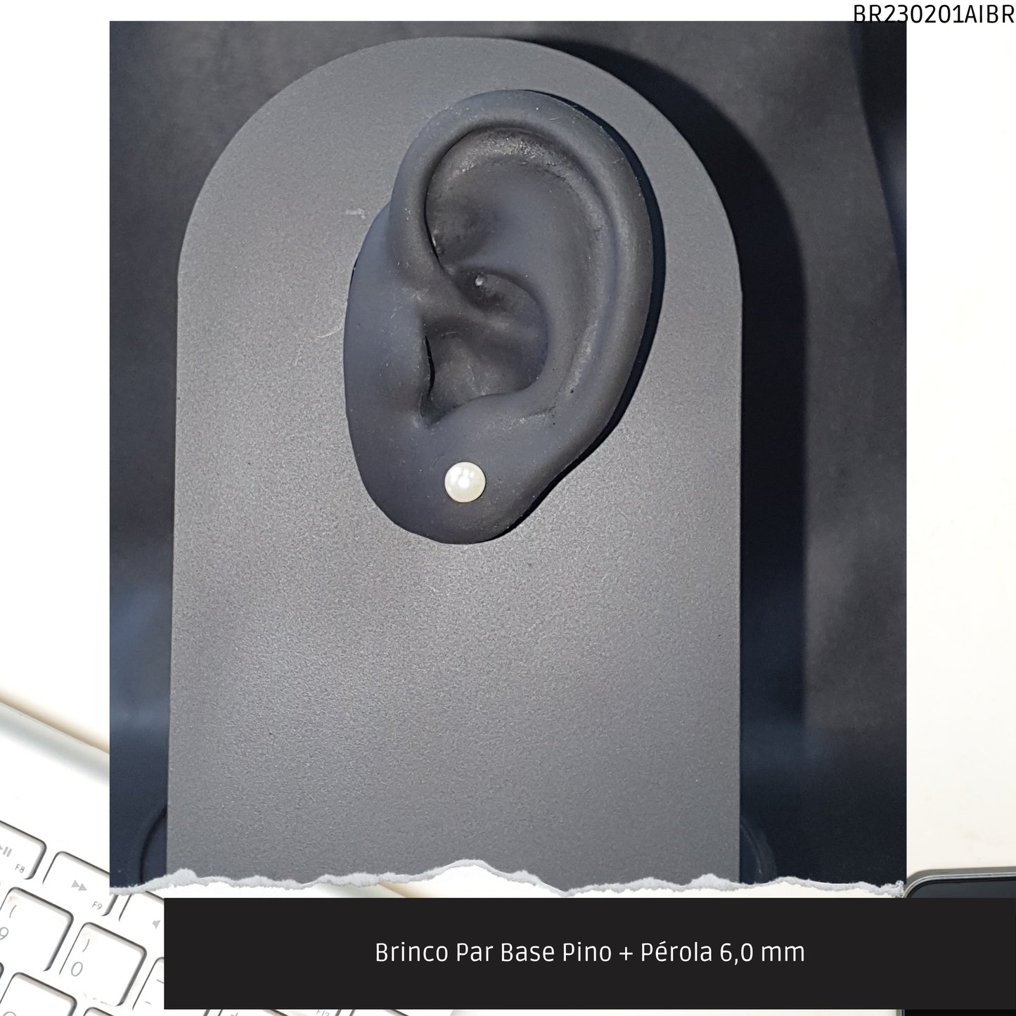 Brinco Par Base Pino + Pérola 6.0 mm  - Código.: BR230201AIBR  - Peso.: 0.7 gr